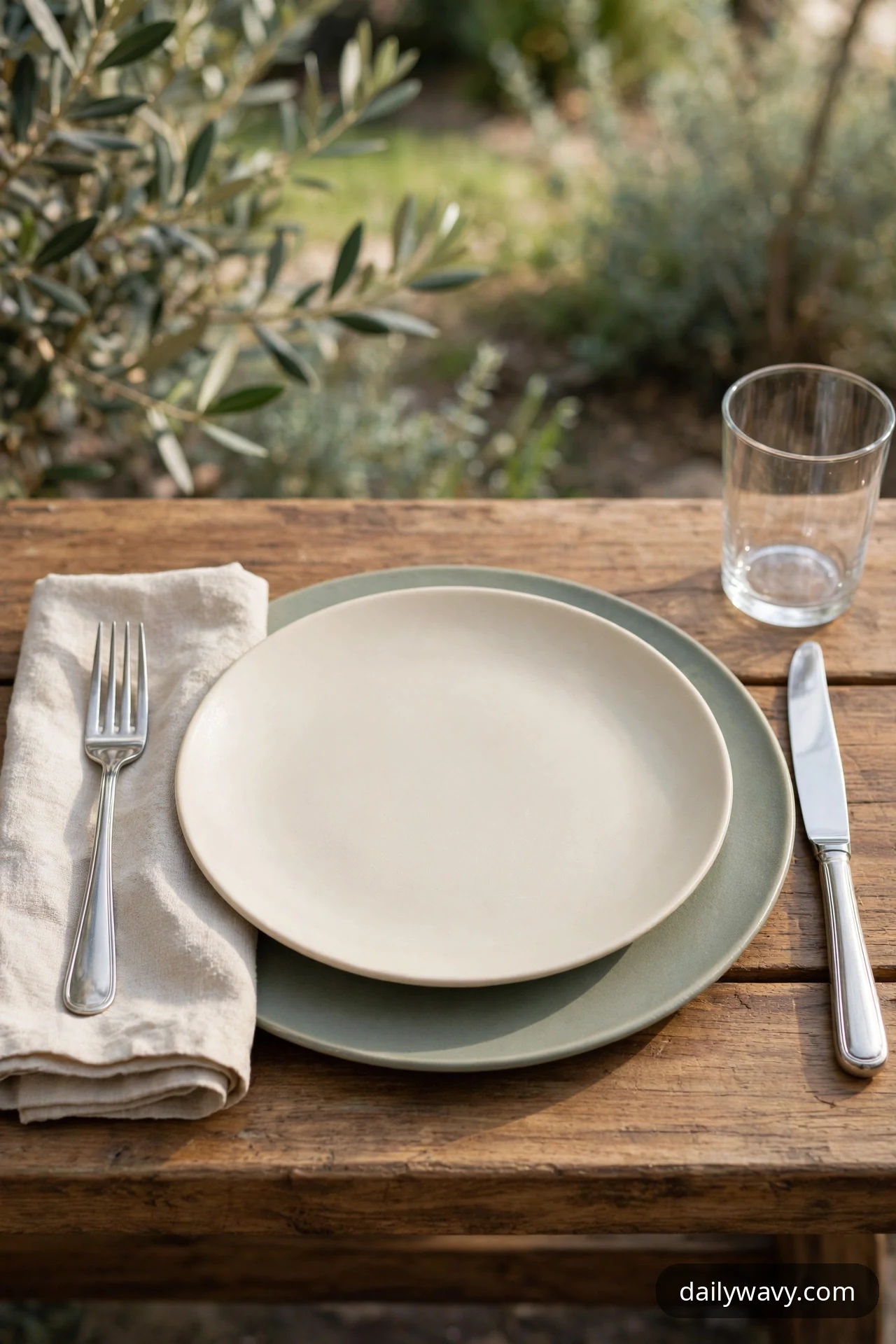 A cream dinner plate rests on a sage green charger plate, flanked by a folded linen napkin with a fork on the left, a knife on the right, and a clear glass above.