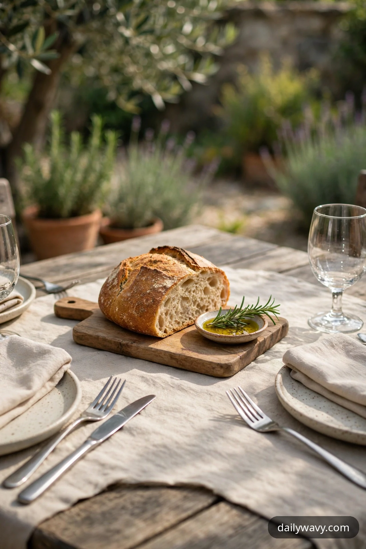A wooden bread board holds a rustic loaf with its cut end showing and a small dish of olive oil topped with a rosemary sprig, surrounded by place settings on a linen runner.