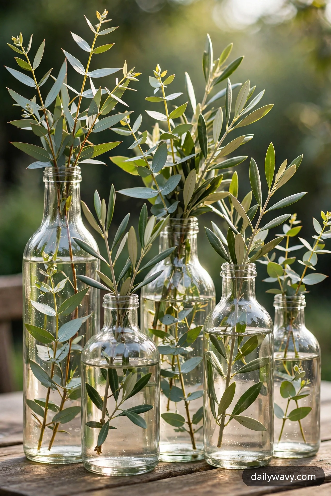 Five clear glass bottles of different heights, filled with water, hold green olive and eucalyptus cuttings on a wooden outdoor table.