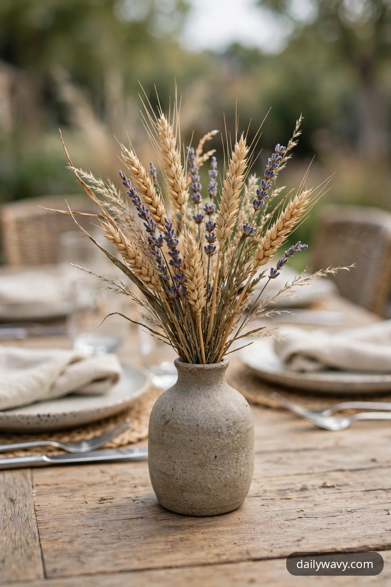 A small speckled stoneware vase holds a compact bunch of dried wheat, lavender, and grasses at the center of a set outdoor table.