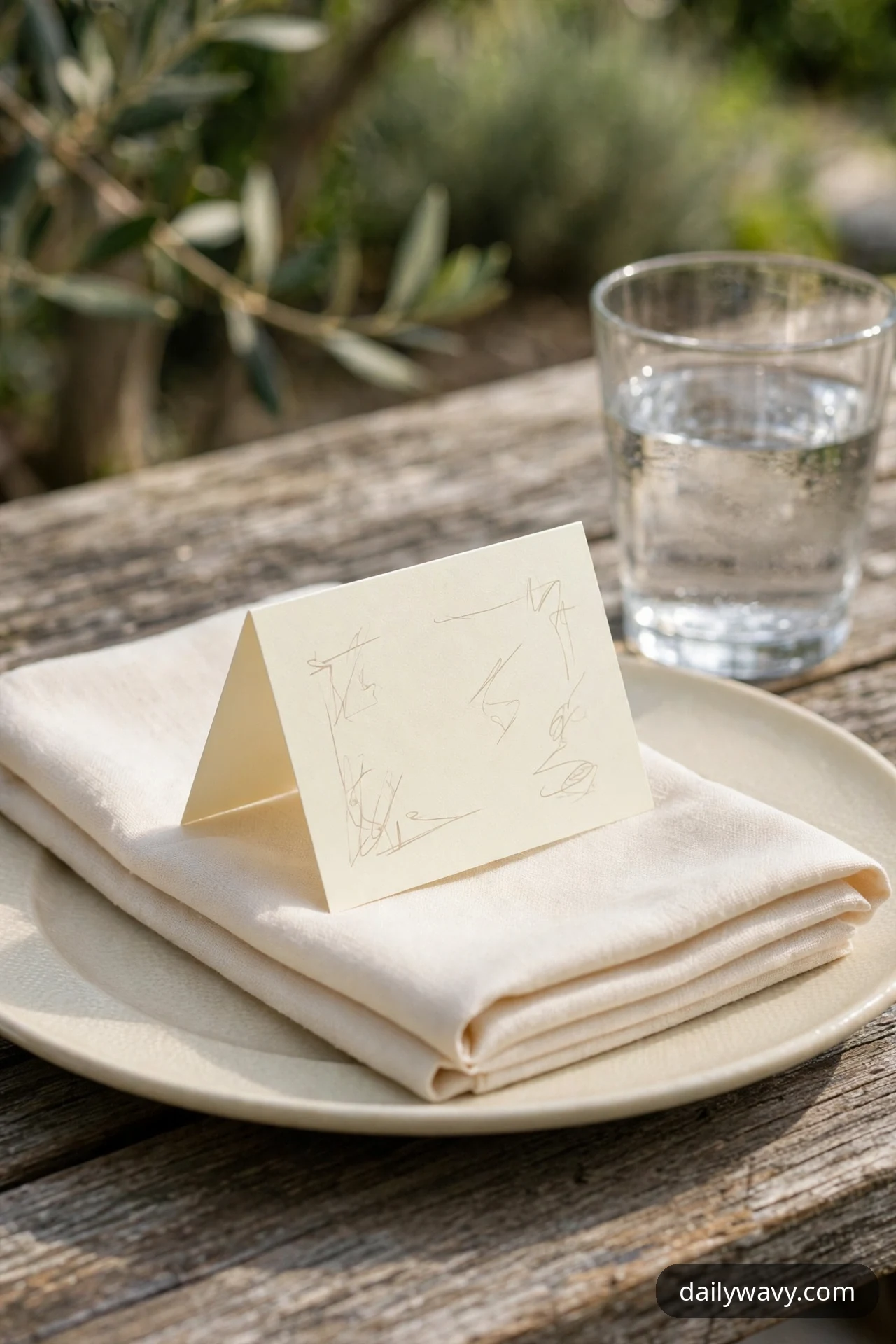 A folded cream tent place card stands on a folded linen napkin over a cream plate, with a glass of water beside it on a weathered wooden table.