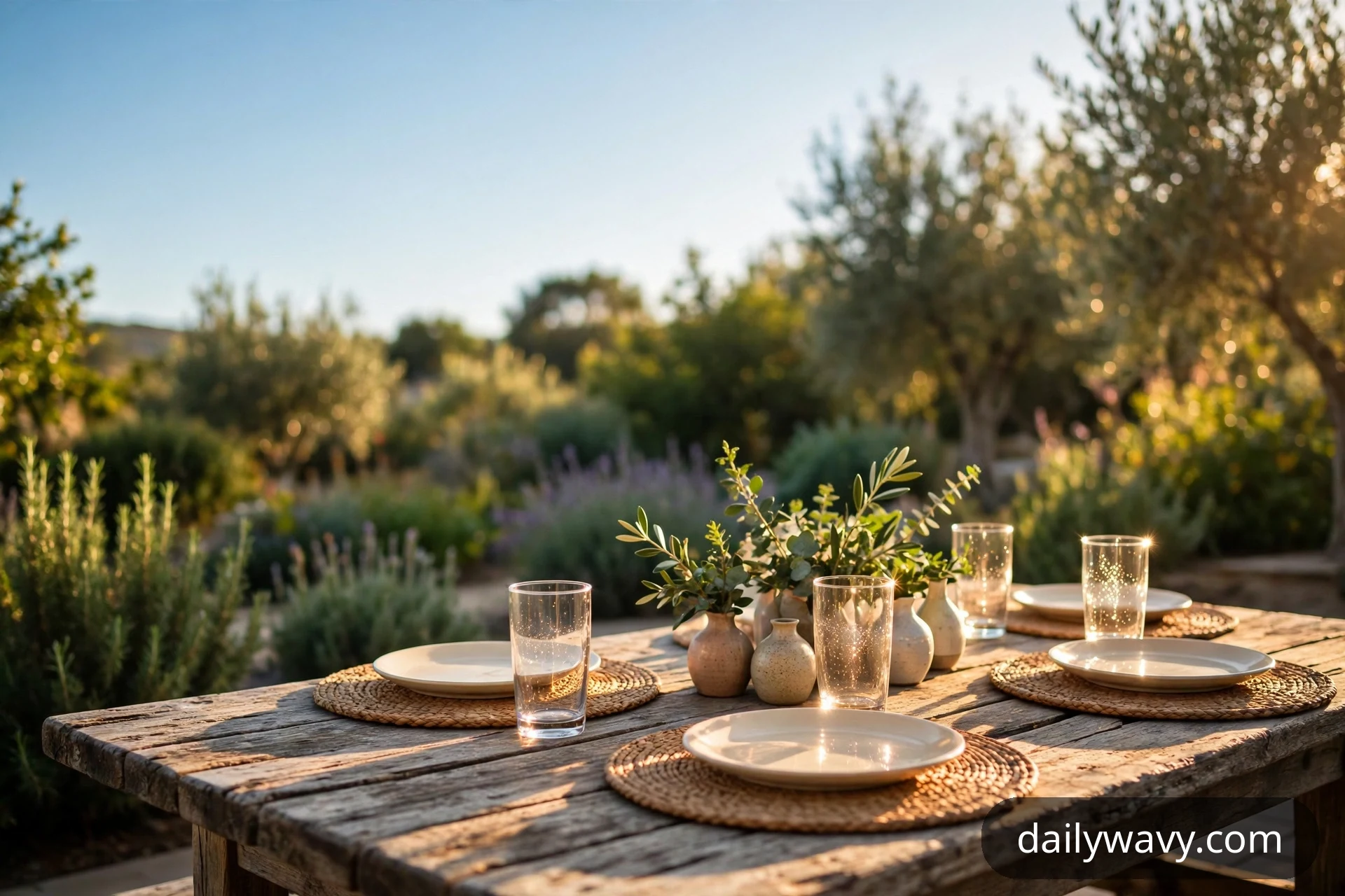 A wide view of a rustic wooden outdoor table set with woven placemats, cream plates, clear glasses, and small ceramic vases holding green cuttings in a sunny garden.