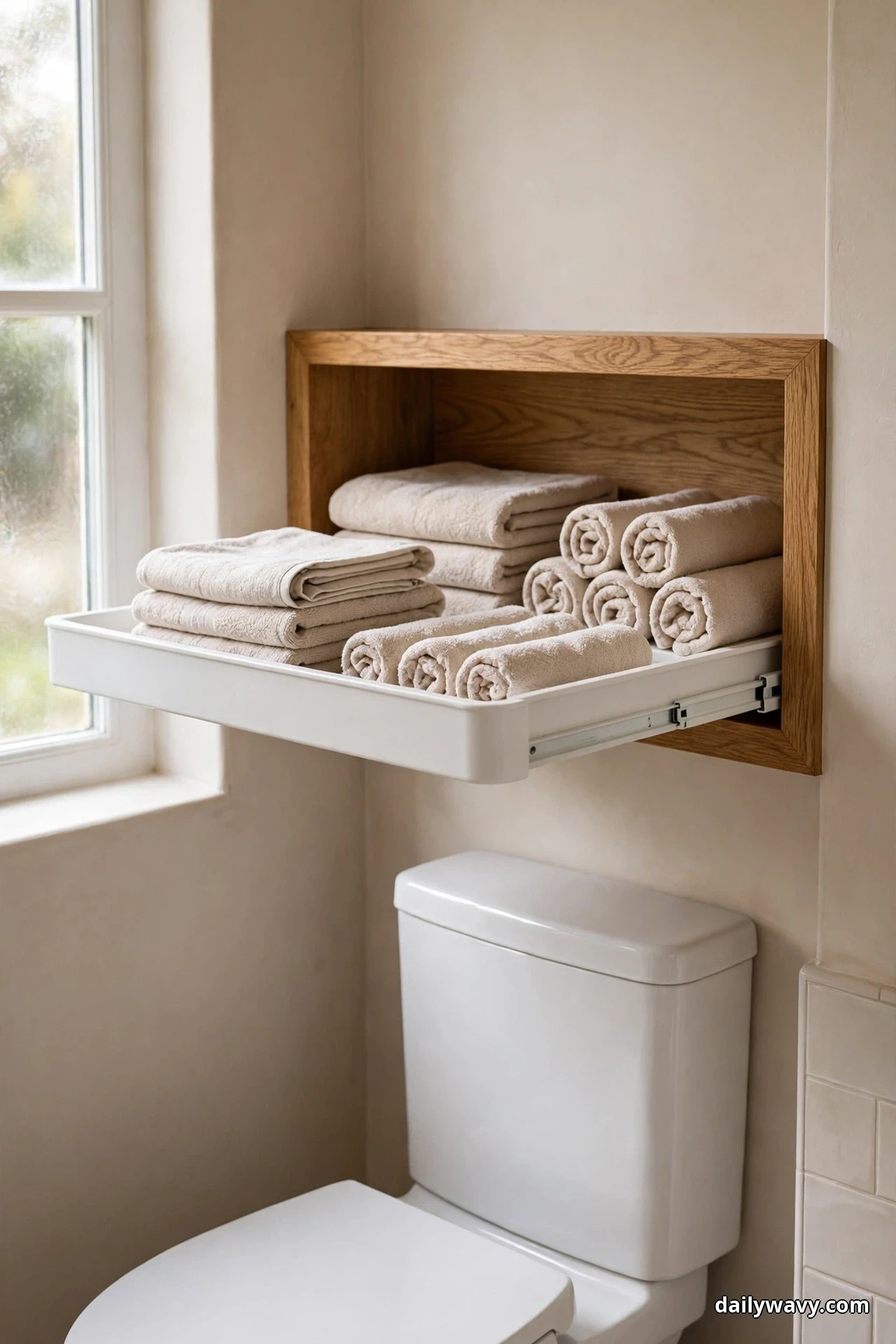 A white slide-out tray pulled forward from an oak wall cabinet above a white toilet holds folded and rolled cream towels, with more folded towels stacked inside the cabinet and a frosted window at left