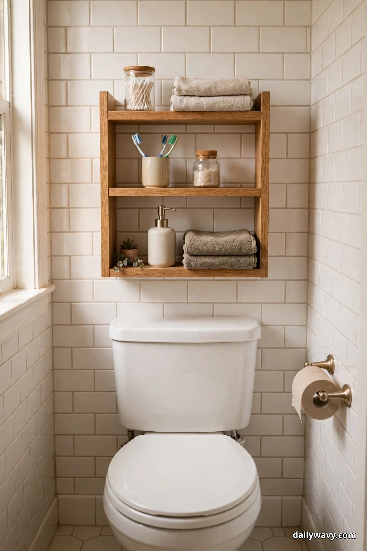 A three-shelf oak wall rack above a white toilet against cream subway tile holds a glass jar of cotton swabs and folded towels on top, a cup of toothbrushes and a corked jar in the middle, and a pump dispenser and folded towels on the bottom shelf