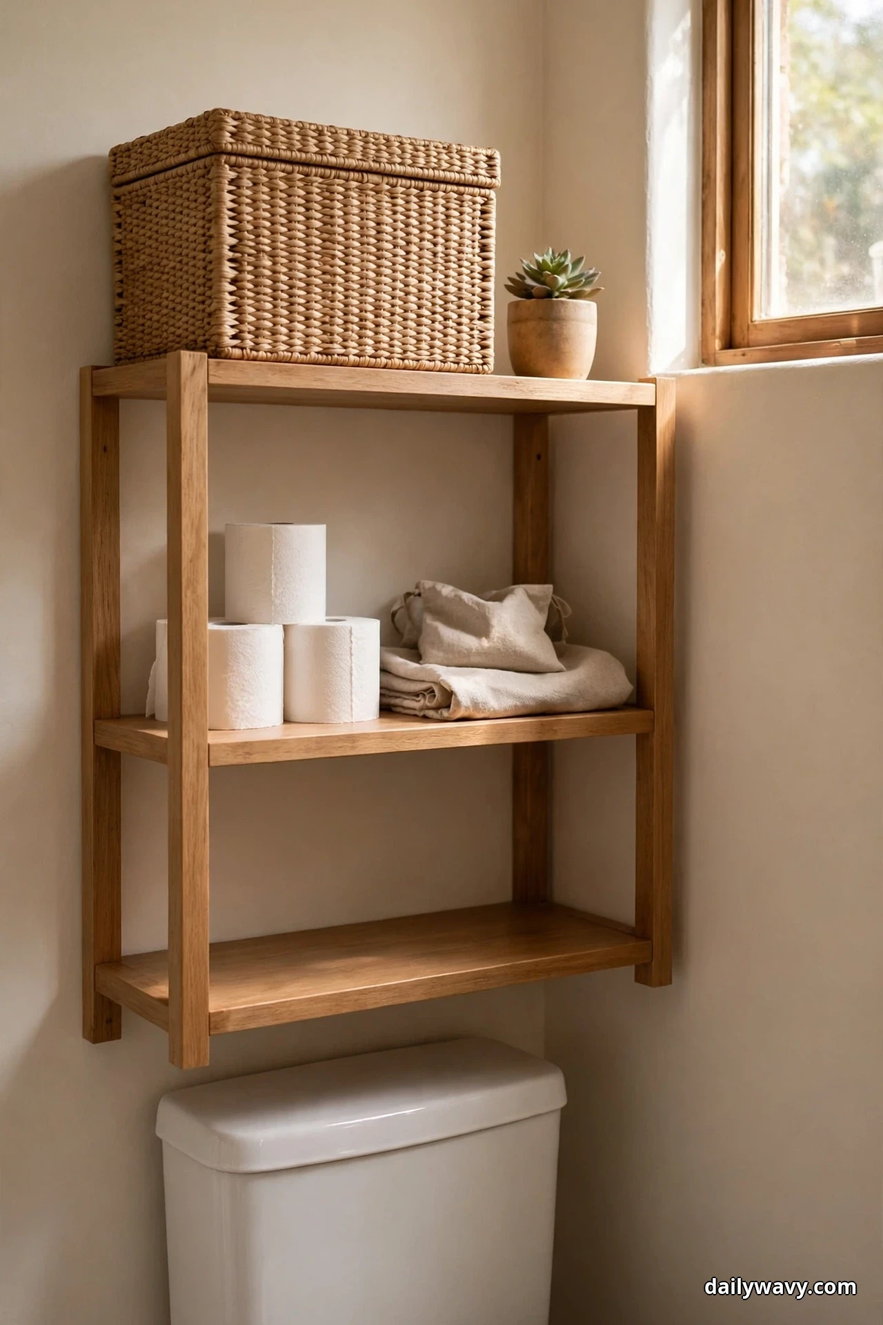 A light wood wall rack above a white toilet tank holds a large lidded woven box on its top shelf, with spare toilet paper rolls and folded linens on the middle shelf and the bottom shelf left empty