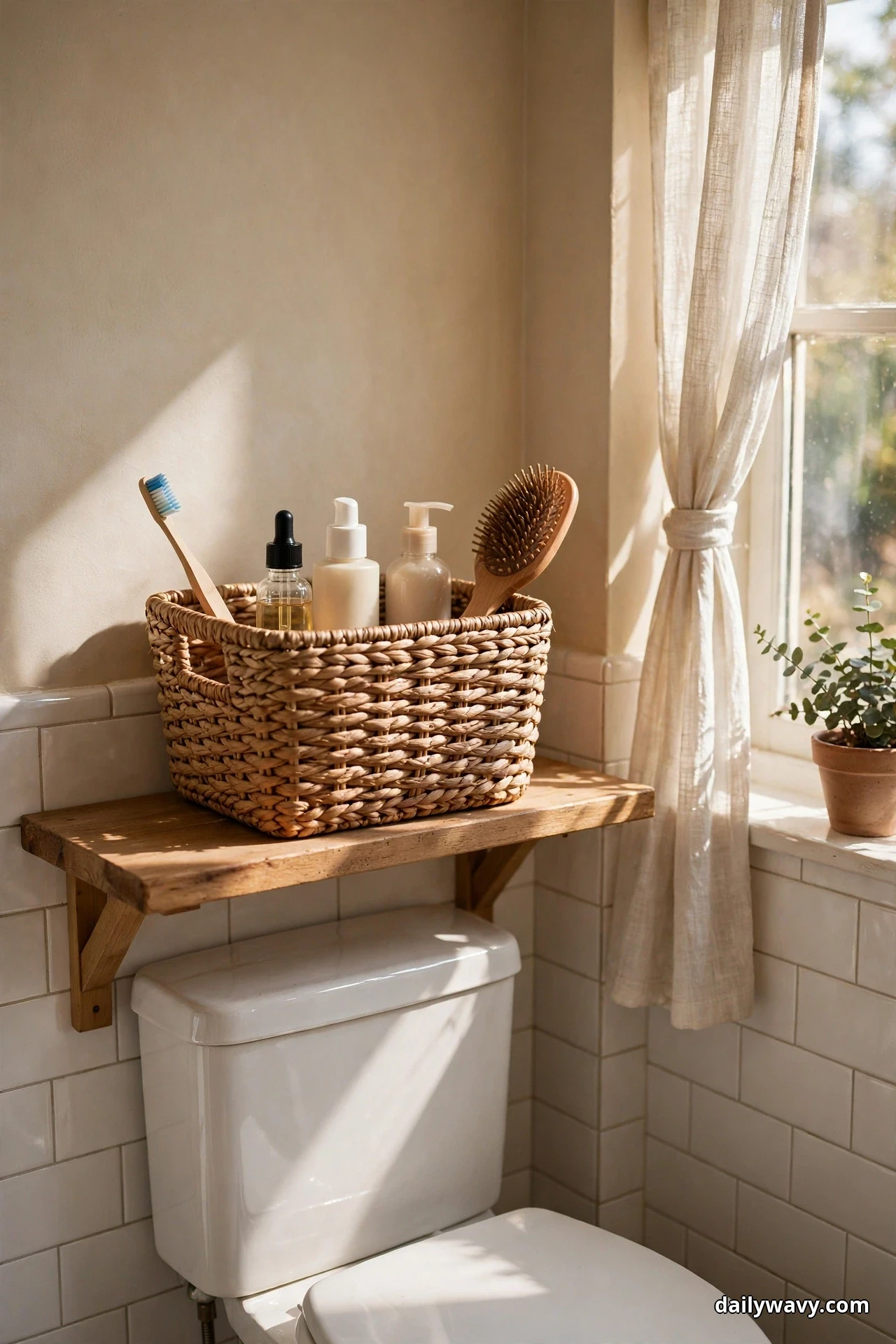 A woven seagrass basket holding a toothbrush, pump bottles and a wooden hairbrush sits on a wood shelf above a white toilet, beside a curtained window
