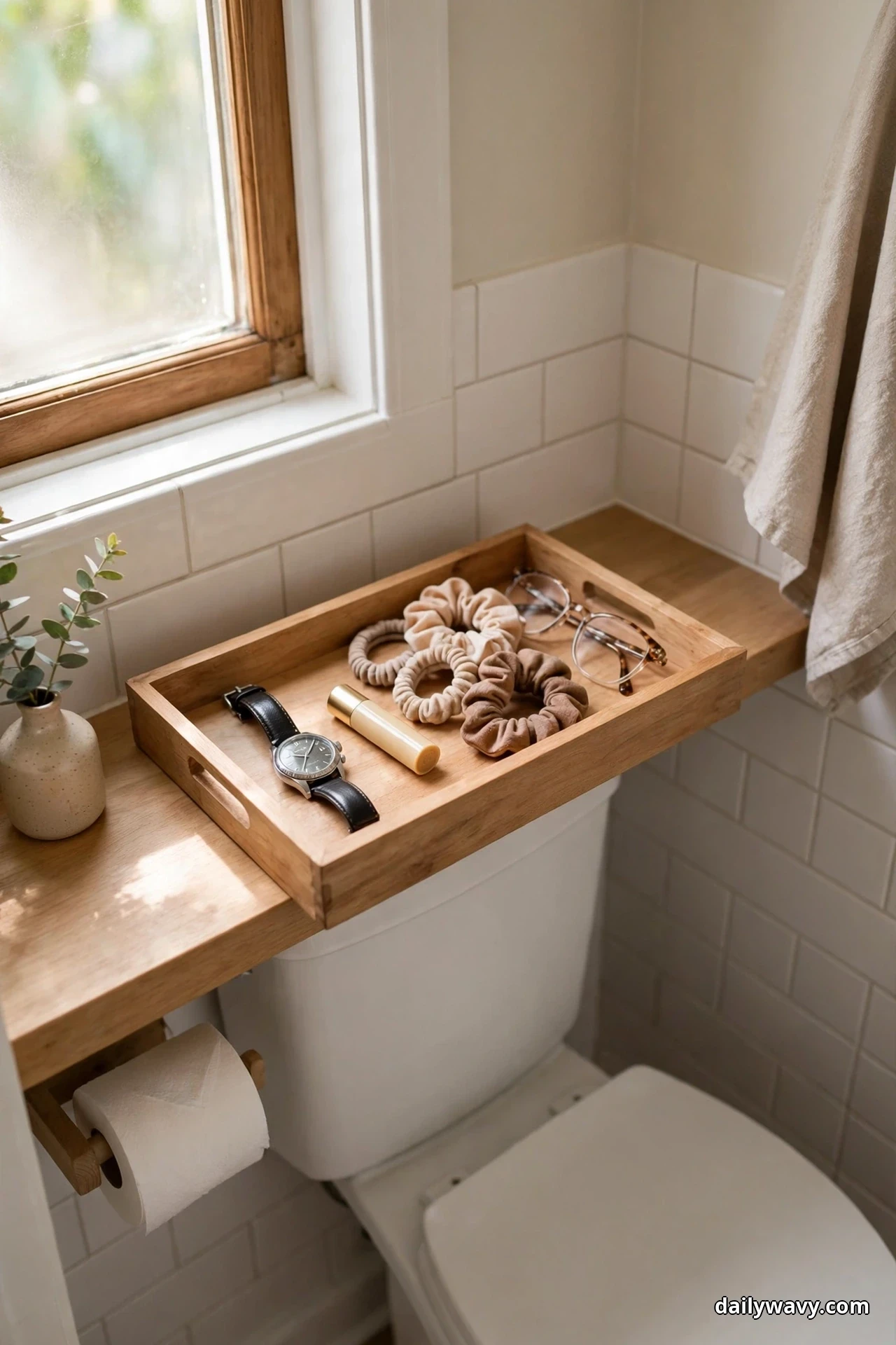 A shallow wooden tray on a shelf over a toilet tank holds a wristwatch, a lip balm tube, fabric hair scrunchies and a pair of glasses, with a toilet paper roll mounted on a holder under the shelf