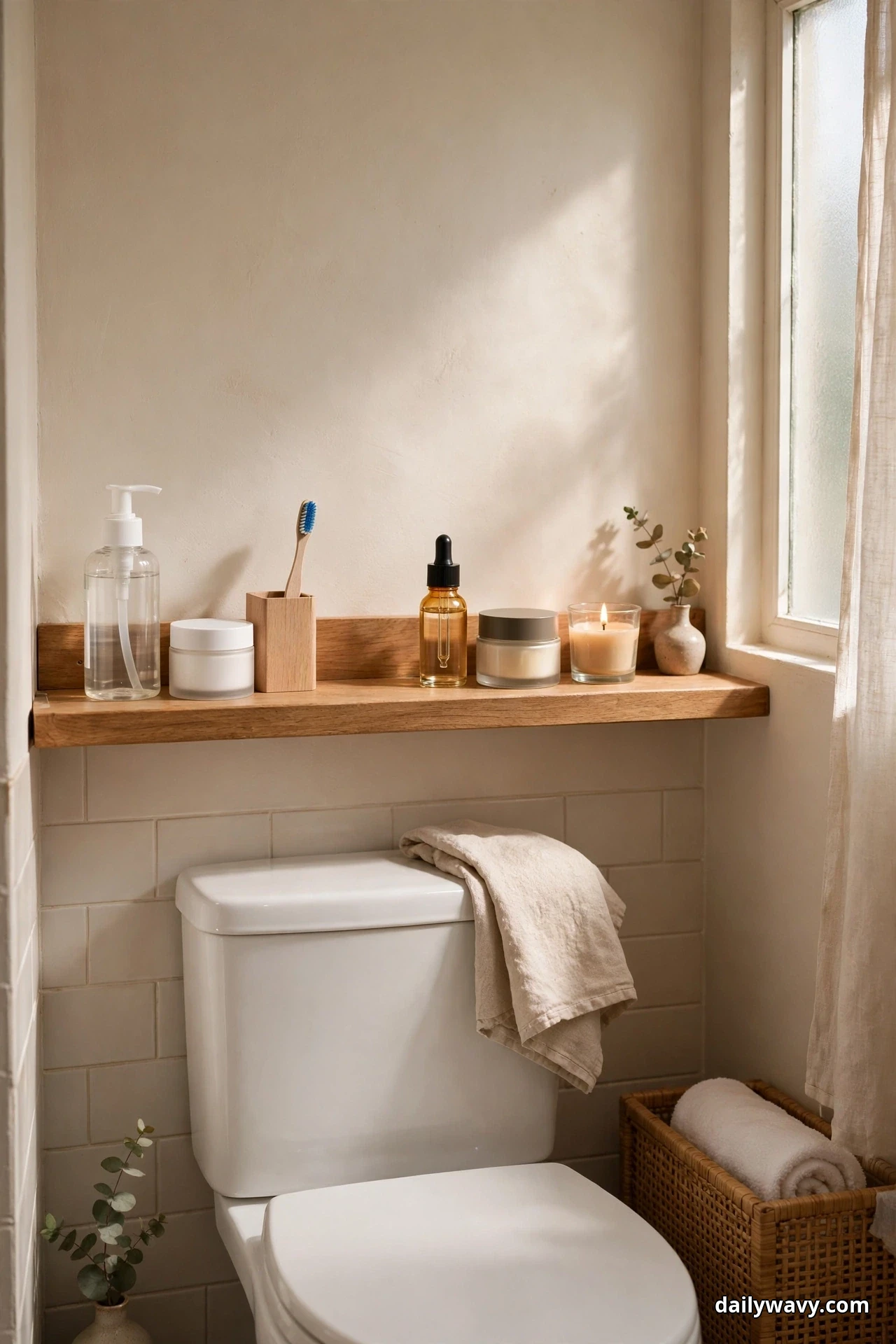 A wood shelf above a white toilet holds daily care items grouped in a row, with a pump bottle, a white jar and a toothbrush in a wood holder on the left and an amber dropper bottle, a cream jar and a lit candle on the right, a hand towel draped over the tank lid below and a woven basket of rolled towels on the floor