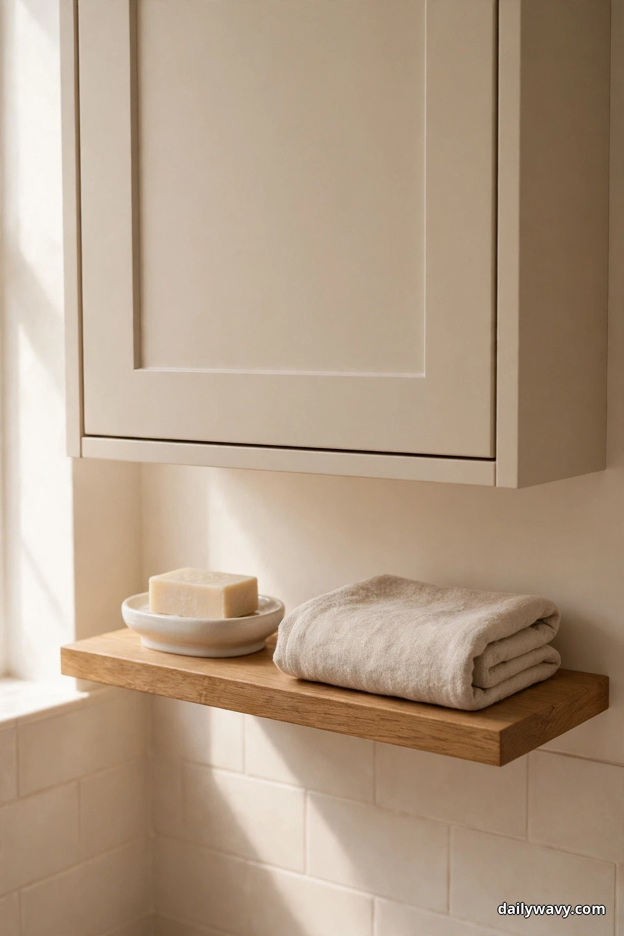 A closed cream wall cabinet hangs above a narrow wood shelf that holds only a ceramic soap dish with a bar of soap and a folded beige towel, against cream wall tile beside a window