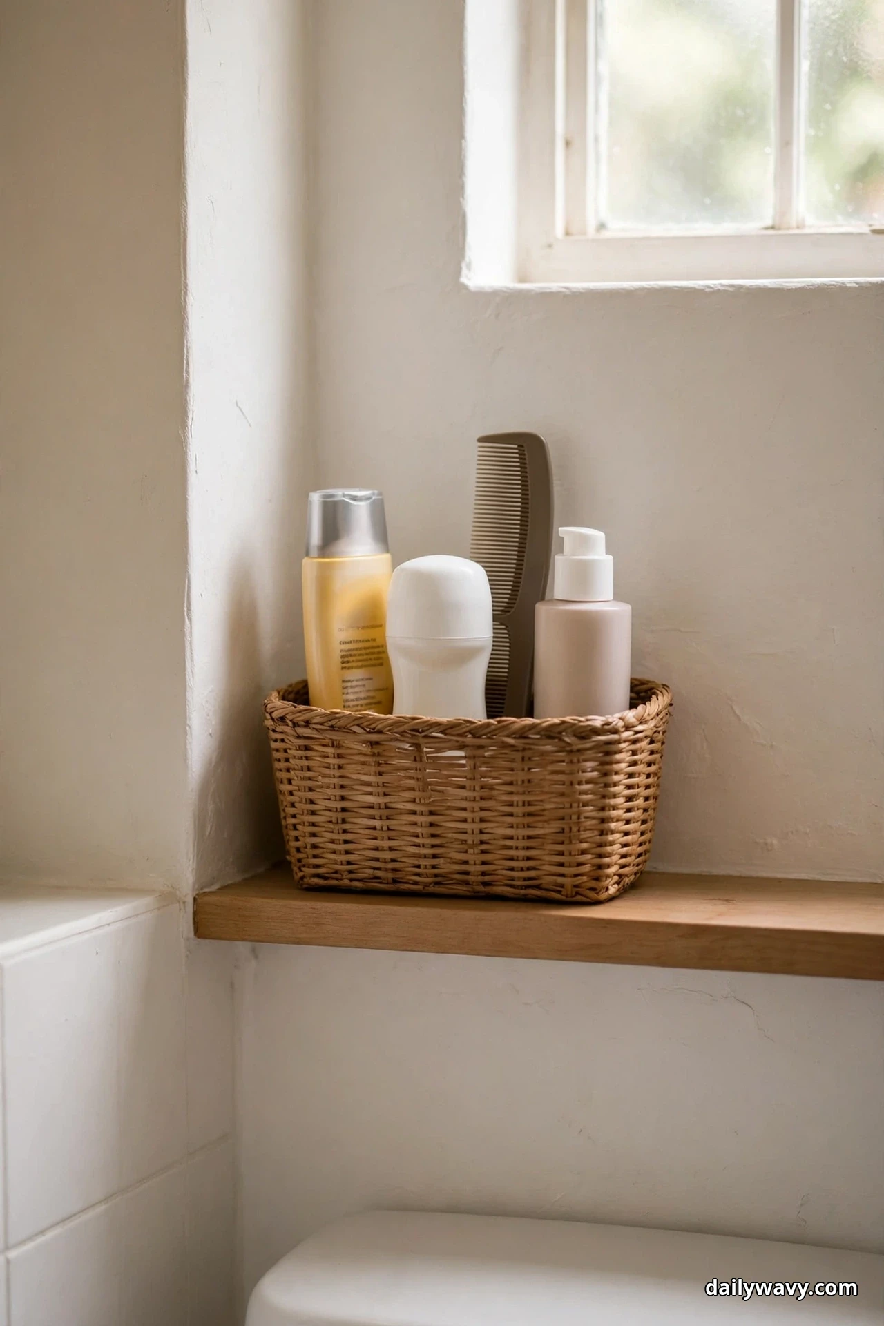A narrow woven basket on a wood shelf above a toilet tank holds upright daily bottles and a comb beneath a small frosted window