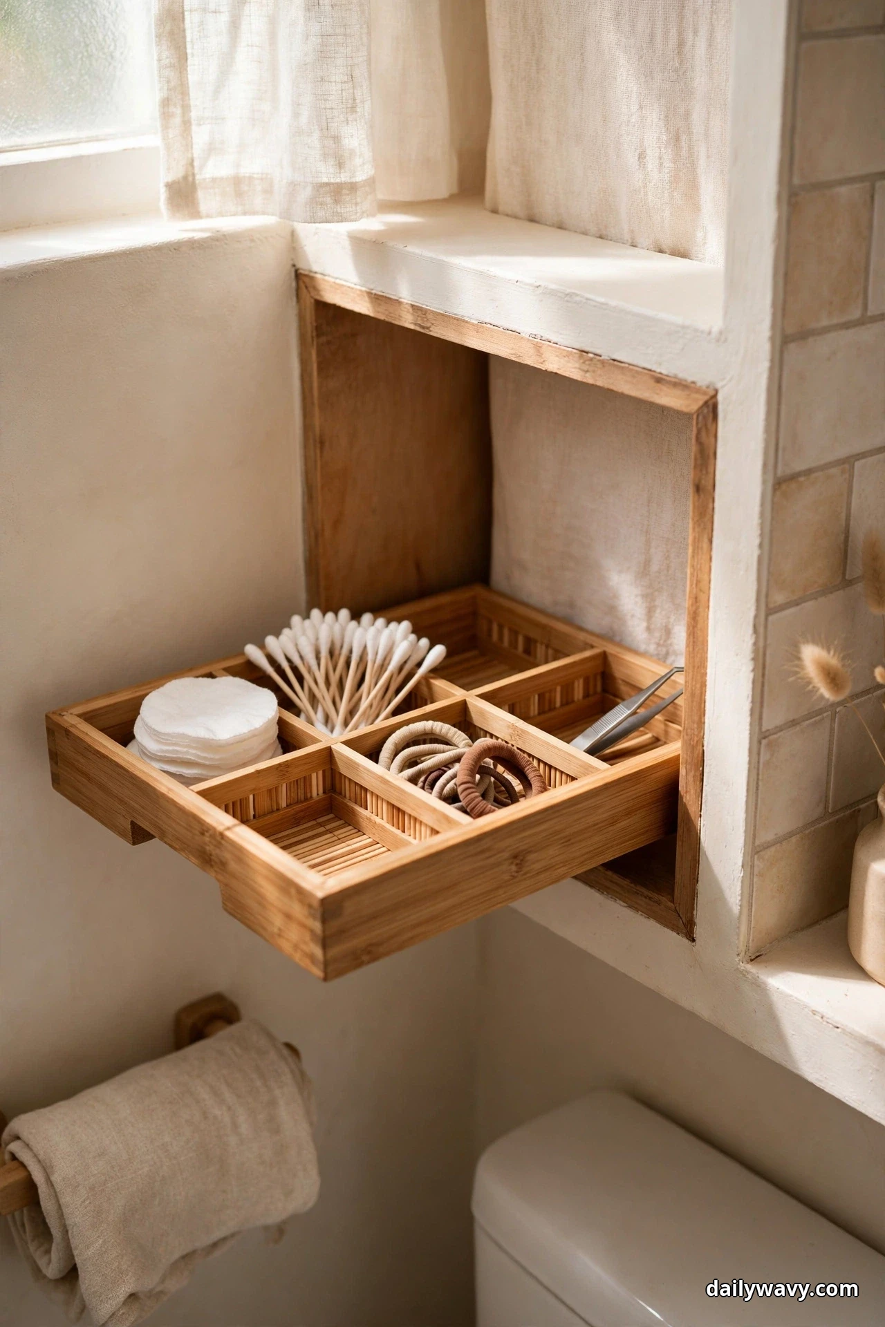 A bamboo divider tray pulled out of a wall cubby above a toilet holds cotton pads, cotton swabs, hair ties and tweezers in separate compartments, with a folded hand towel hanging on a wood holder at left