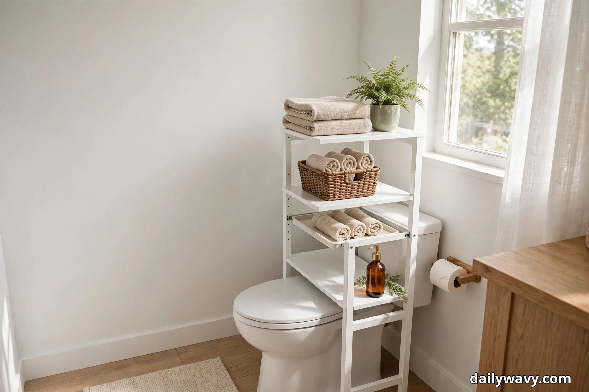 A white freestanding over-toilet shelving unit stands over a white toilet beside a sunlit window, its shelves holding folded beige towels, a woven basket of rolled towels, a slide-out tray and an amber pump bottle, with the edge of a wood vanity at right