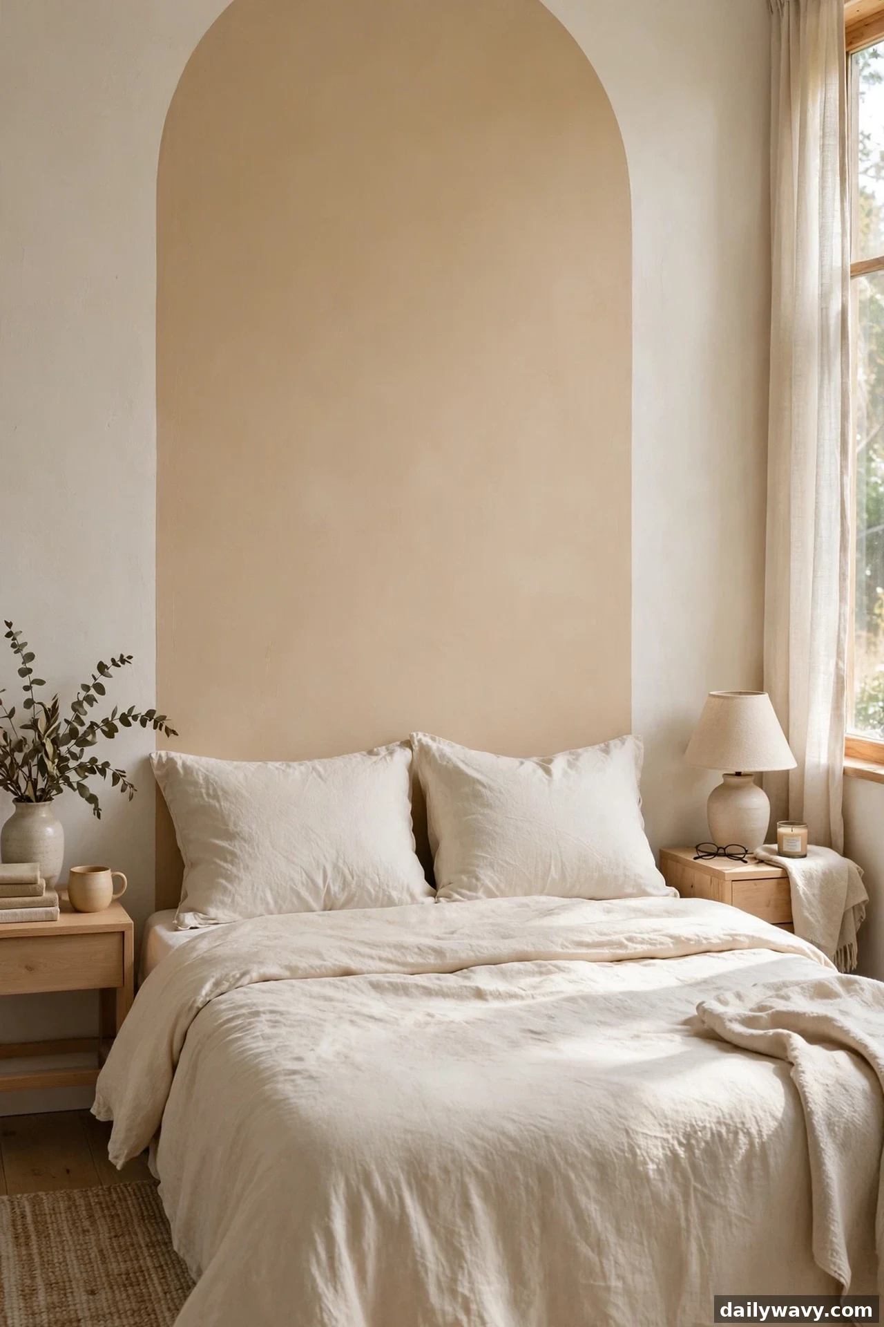 A closer view shows a tall warm beige painted arch climbing nearly to the ceiling behind a cream linen bed with wooden nightstands on both sides