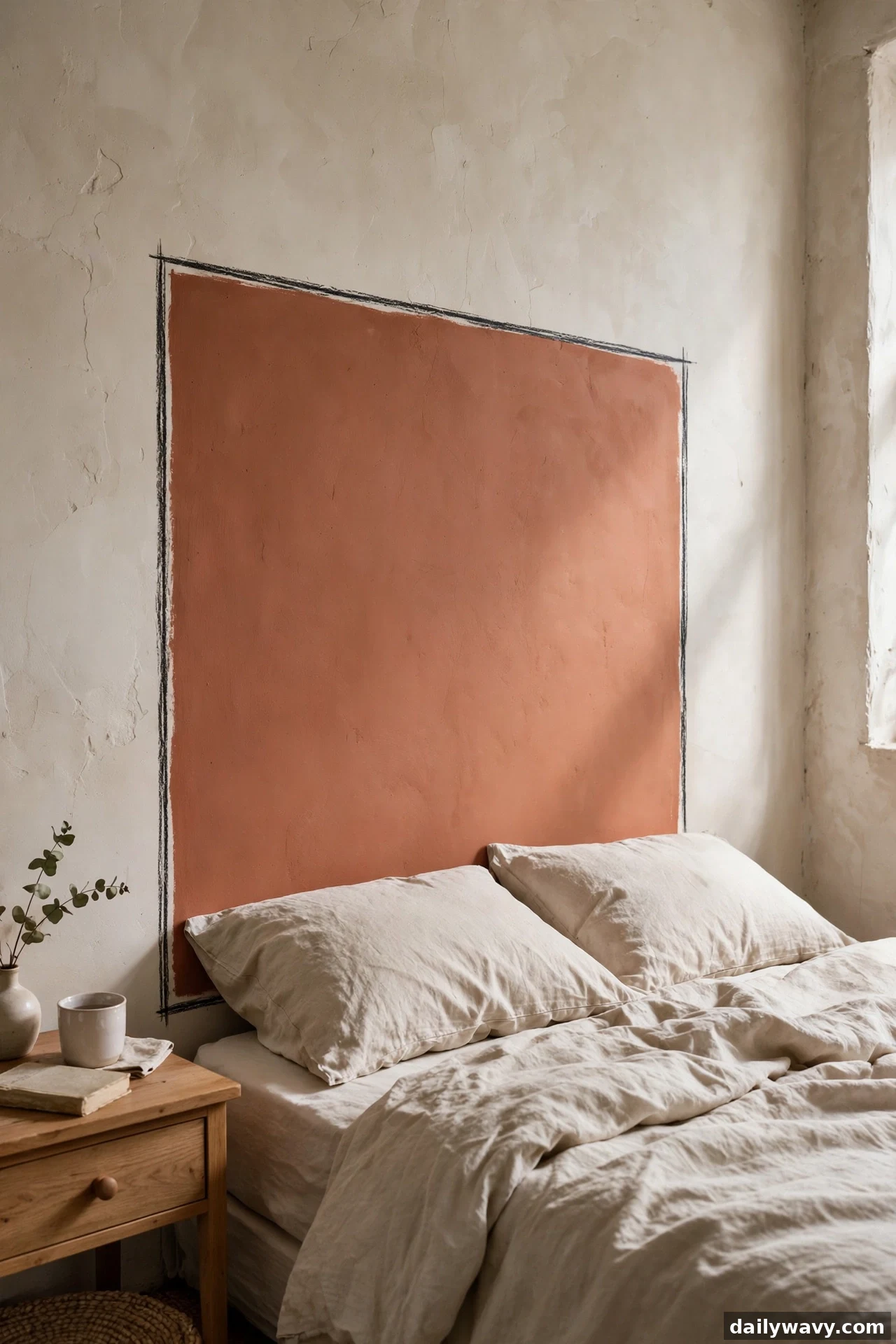 A warm clay painted rectangle with a thin charcoal border line frames the wall behind a cream linen bed on a textured plaster wall