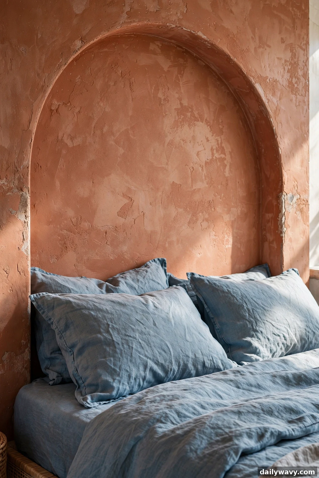 A close view shows a textured terracotta painted arch behind a bed dressed in blue-gray stonewashed linen pillows and bedding