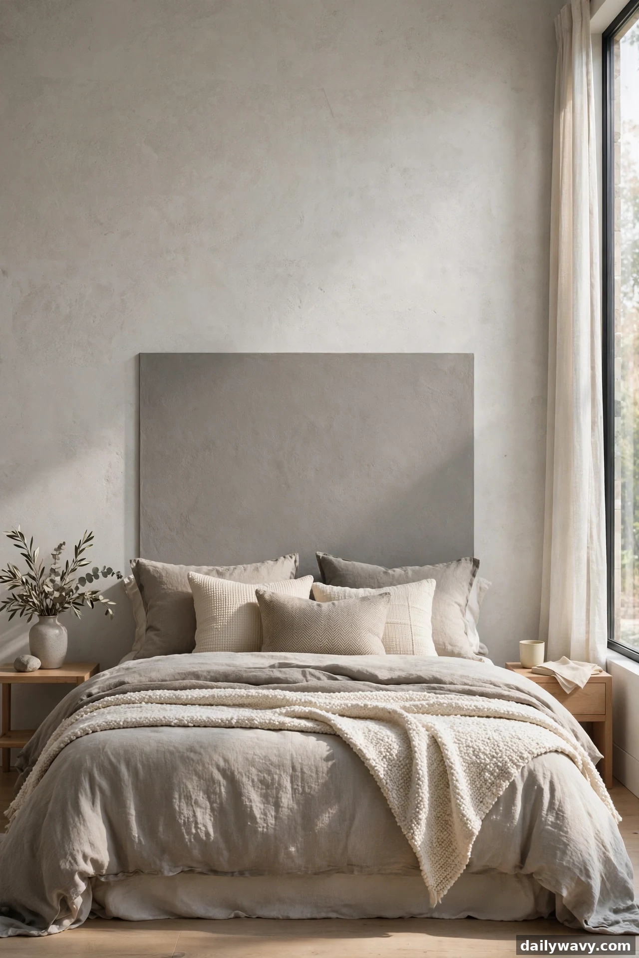 A straight-on view shows a warm gray painted rectangle behind a bed layered in warm neutral bedding with waffle and knit textures