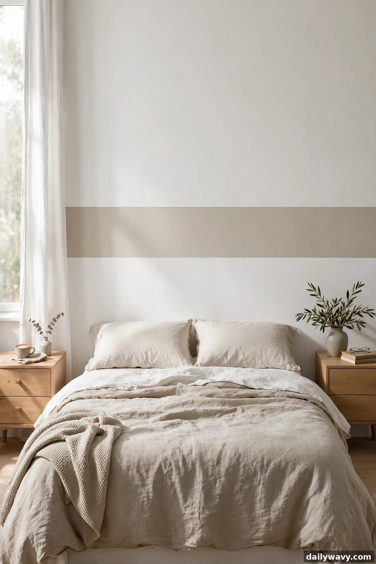 A wide view shows a horizontal greige painted band running wall to wall above a cream linen bed between two wooden nightstands