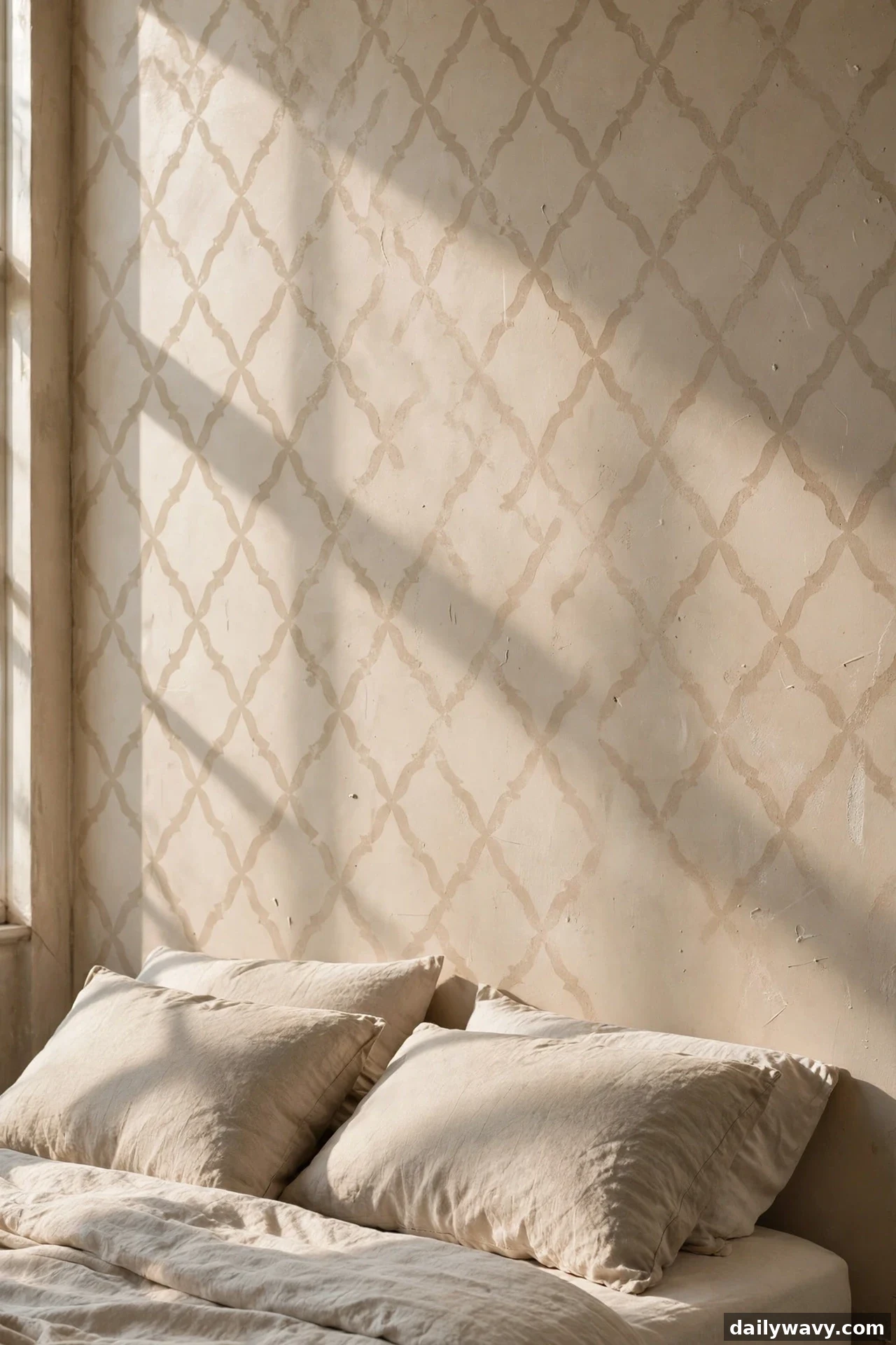 A detail view shows a tone-on-tone trellis pattern stenciled on a cream wall above beige linen pillows in raking light