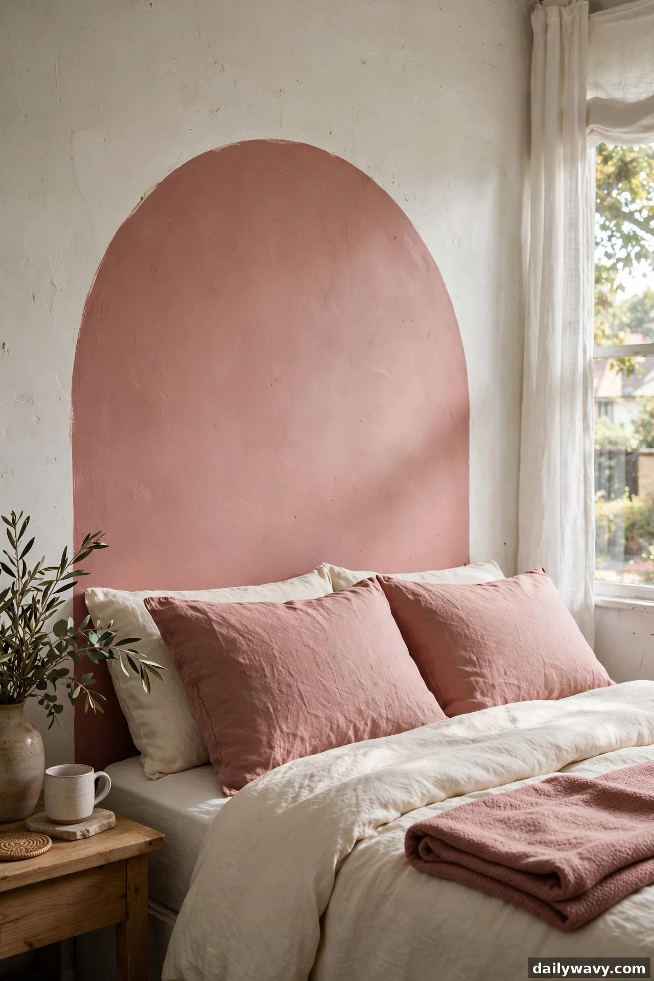 A dusty rose painted arch rises behind a bed whose rose pillow shams and folded throw repeat the wall color