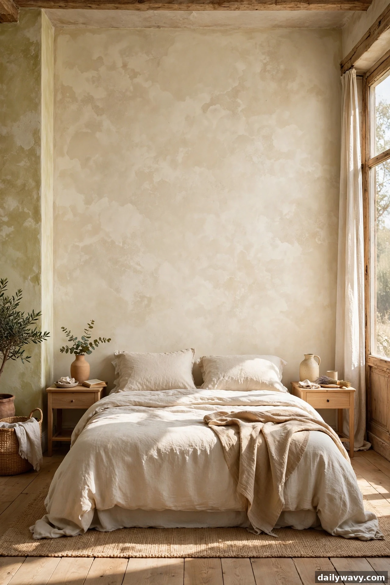 A wide view shows a cloud-like mottled limewash finish covering the wall behind a cream linen bed between two wooden nightstands