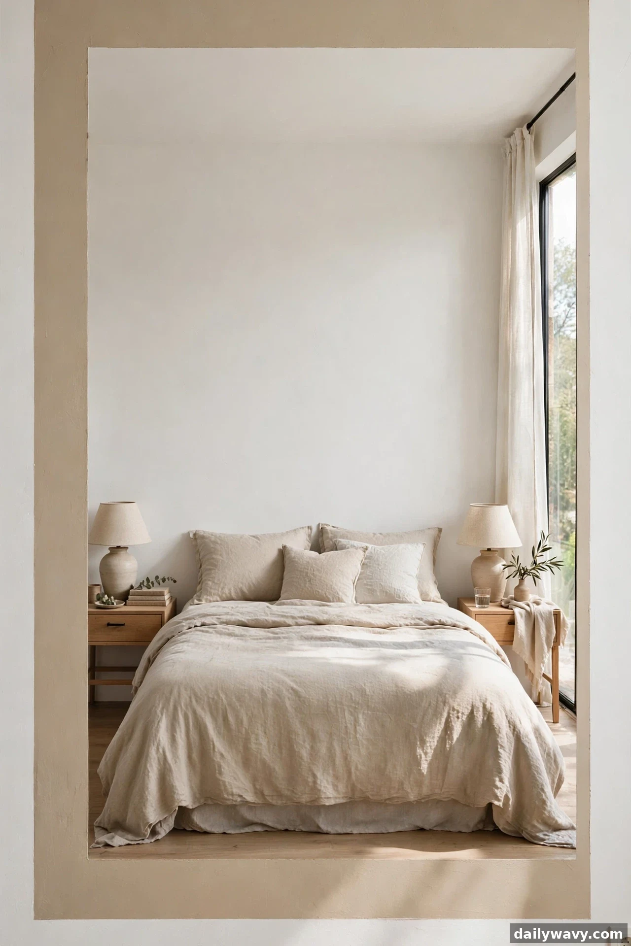 An eye-level view looks through a wide greige painted frame border that outlines the sleeping area around a cream linen bed and its two nightstands