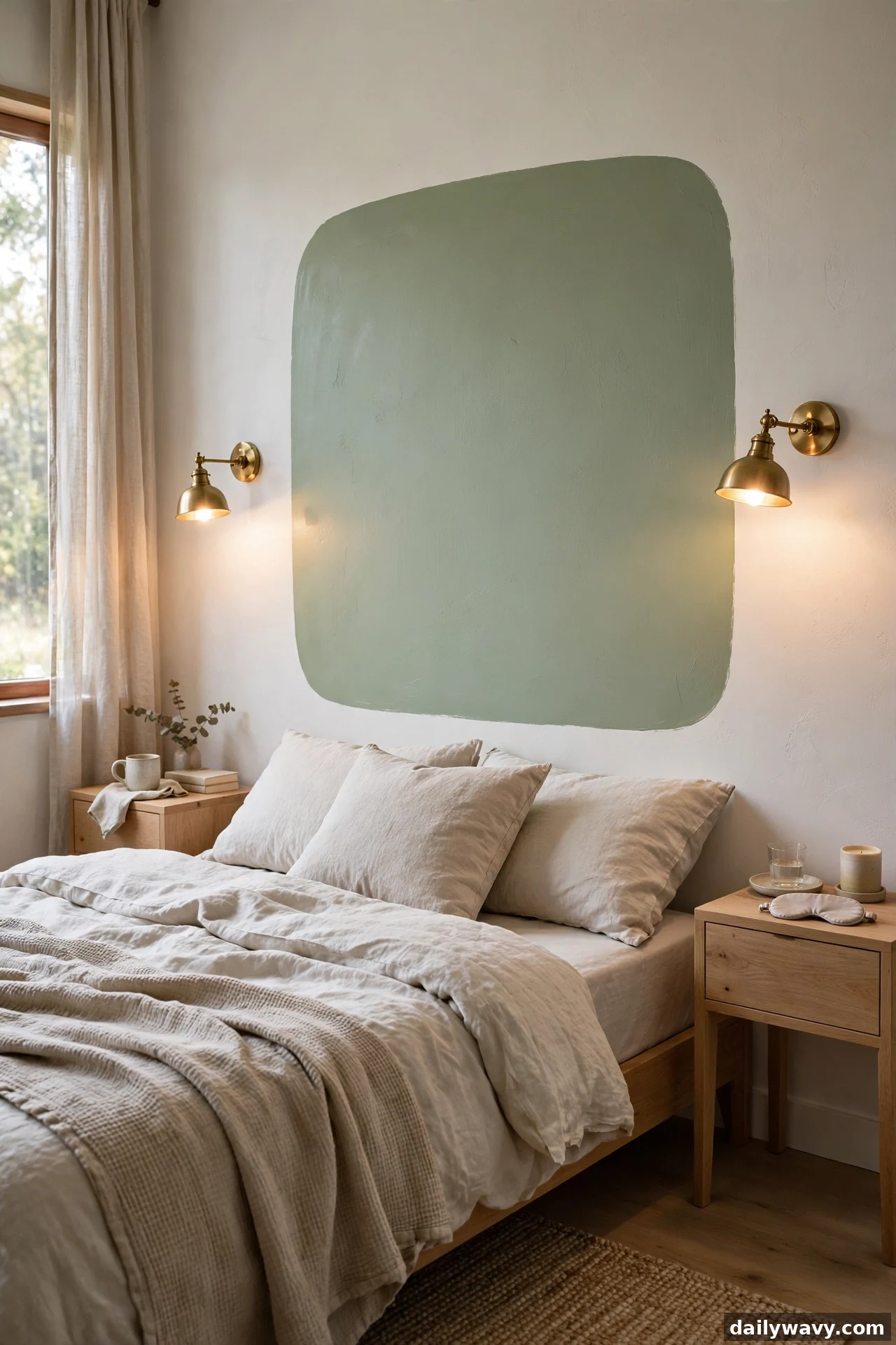 A soft sage rounded rectangle painted behind a cream bed is flanked by two lit brass swing-arm wall sconces, with wooden nightstands below
