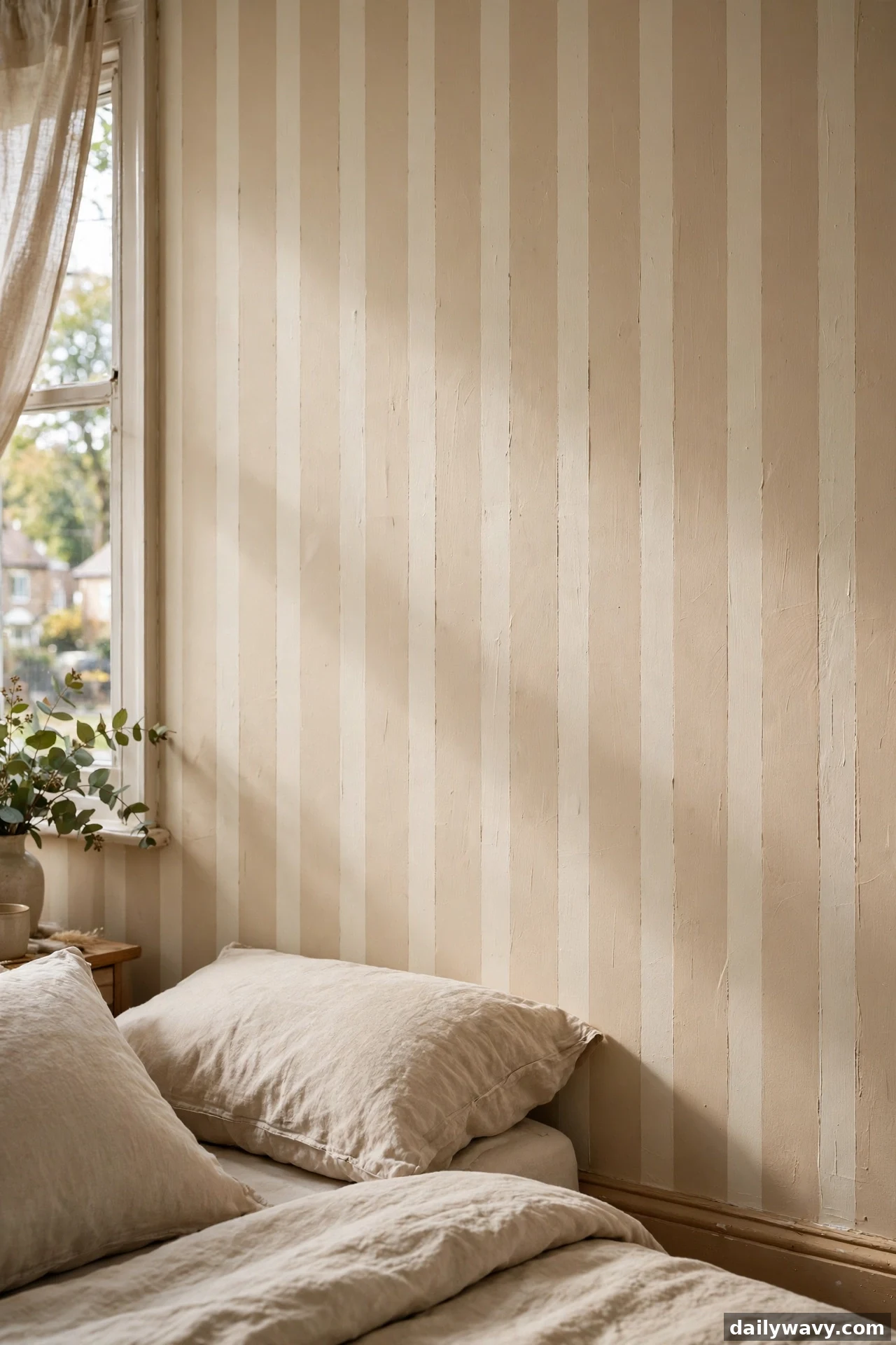 A detail view shows slim vertical stripes in two warm neutrals running floor to ceiling on the wall behind beige linen pillows