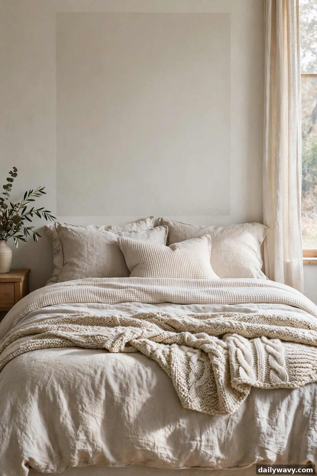 A straight-on view shows a barely-there warm white painted rectangle behind a bed layered with waffle weave bedding and a chunky knit throw