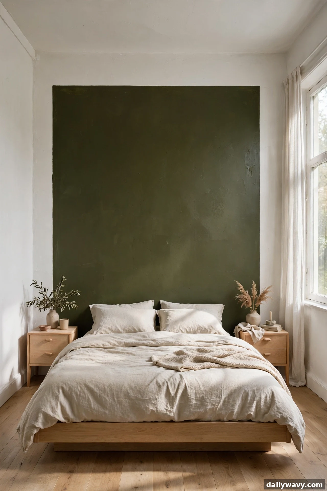 A wide view shows a deep olive painted rectangle filling most of the bed wall behind a light oak bed framed by white side walls