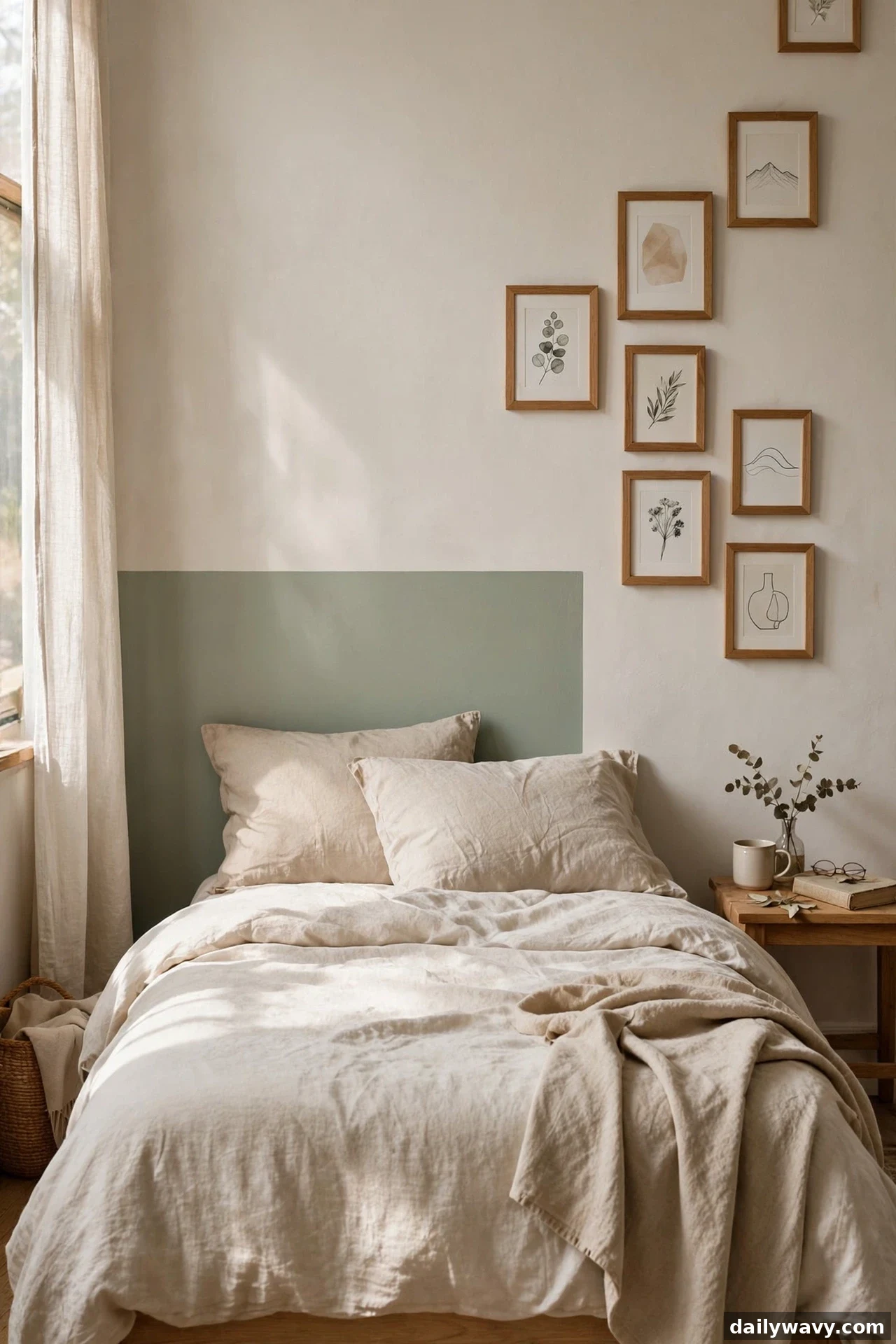 An eye-level view shows a low sage painted rectangle behind a cream bed with an asymmetric gallery of oak-framed prints climbing the wall beside it