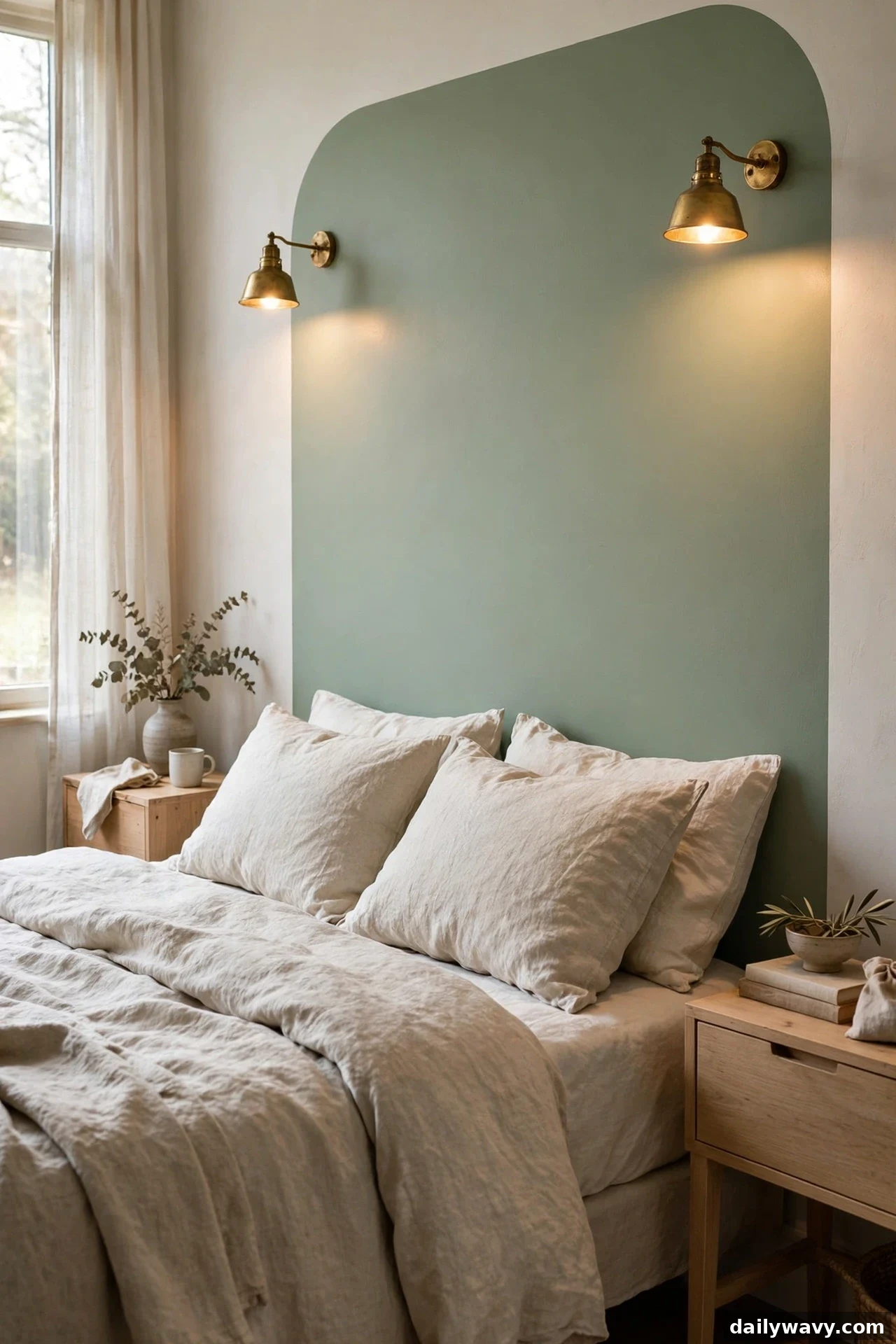 Two lit brass picture-style wall lights mounted on a tall sage painted arch wash warm light down over a cream linen bed
