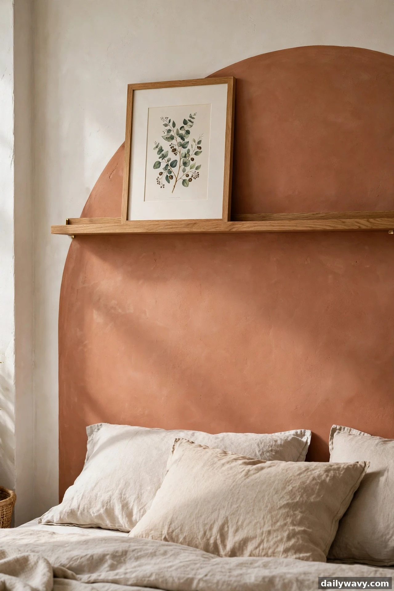 A close view shows a narrow oak picture ledge holding one framed botanical print across a warm clay painted arch above cream pillows