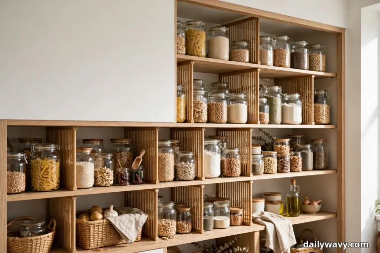 A large light oak pantry cabinet with open shelves holds glass jars of pasta, grains, beans and nuts in compartments separated by slatted bamboo dividers, with woven baskets of potatoes and garlic on the lower shelves