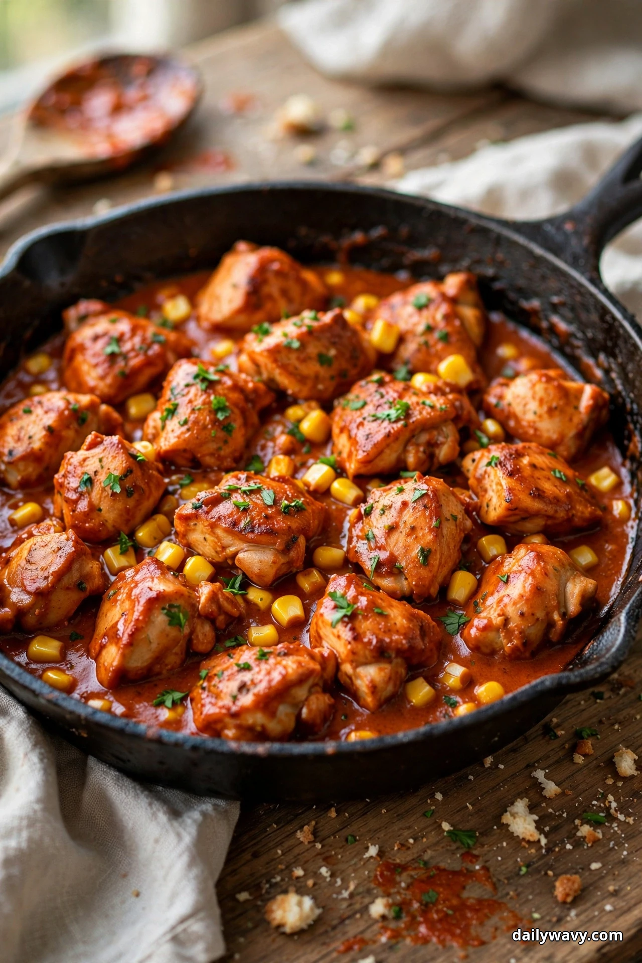 A close three-quarter view shows chicken pieces and corn kernels in a brick-red paprika sauce in a cast iron skillet on a wooden table