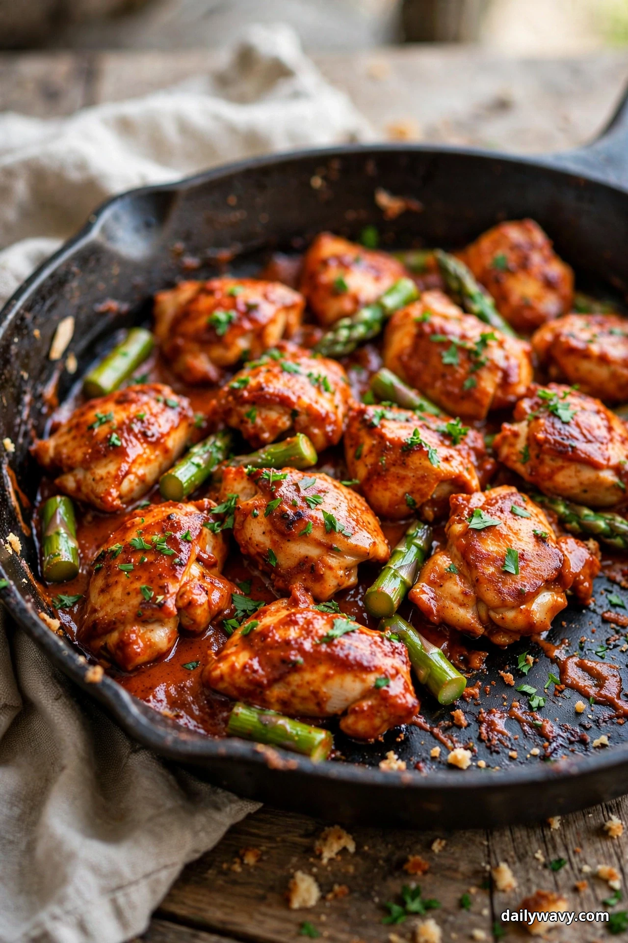 A close view shows chicken pieces and green asparagus pieces in a brick-red paprika sauce in a cast iron skillet, with part of the pan scraped clean
