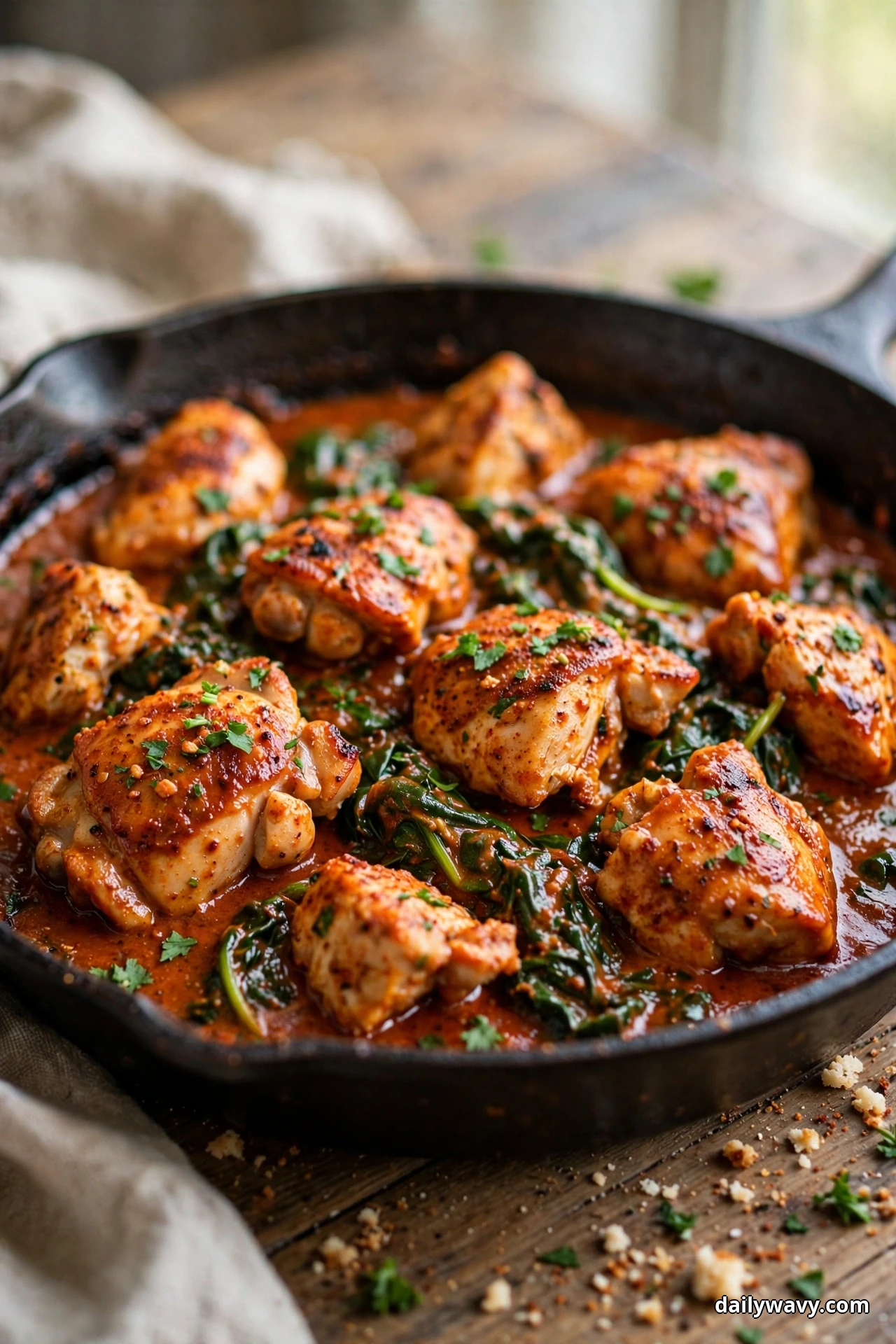 A cast iron skillet holds chicken pieces with wilted spinach leaves folded through a brick-red paprika sauce