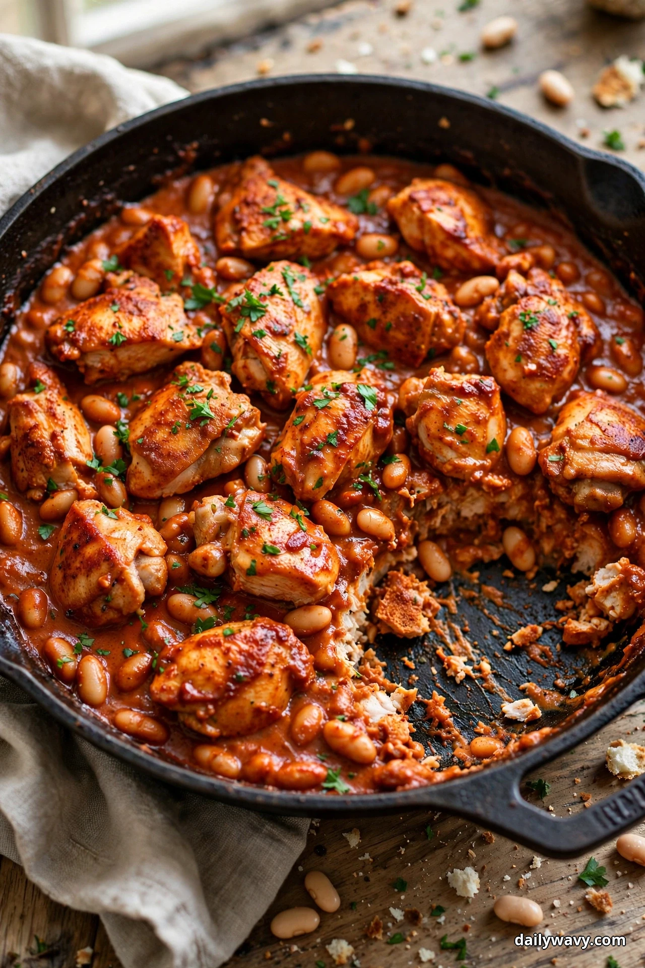 A cast iron skillet holds chicken pieces and cannellini beans in a thick brick-red paprika sauce, with one serving scooped out