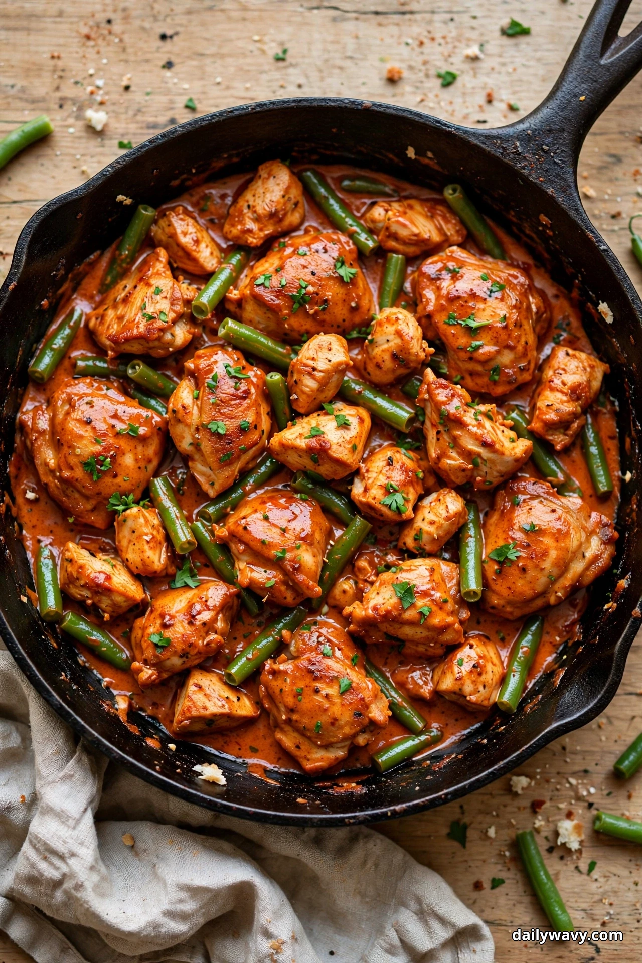 Seen from above, a cast iron skillet holds chicken pieces and whole green beans in a creamy brick-red paprika sauce
