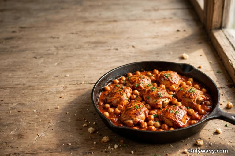 A cast iron skillet of paprika chicken thighs and chickpeas in a brick-red sauce sprinkled with chopped parsley sits on a rustic wooden table beside a window