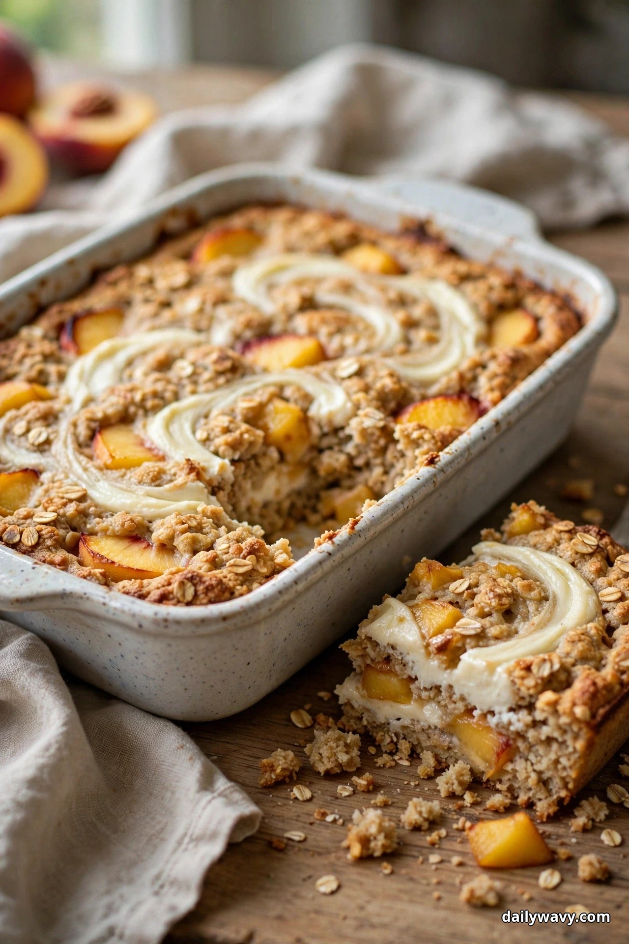 A ceramic baking dish of peach baked oatmeal with pale cream-cheese swirls and peach pieces across the top has one slice lifted out and leaning against the dish, showing the swirled layers inside