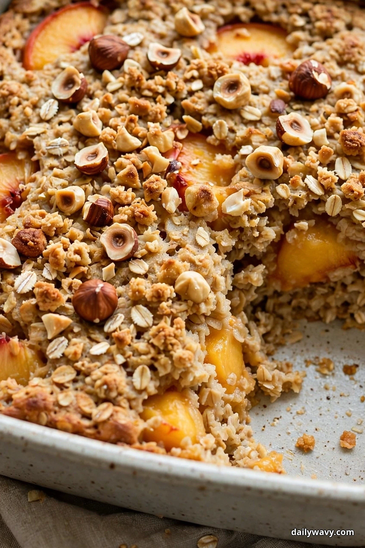 A close view of peach baked oatmeal in a ceramic dish is topped with whole and halved toasted hazelnuts, with golden peach chunks showing through the oats and one serving removed