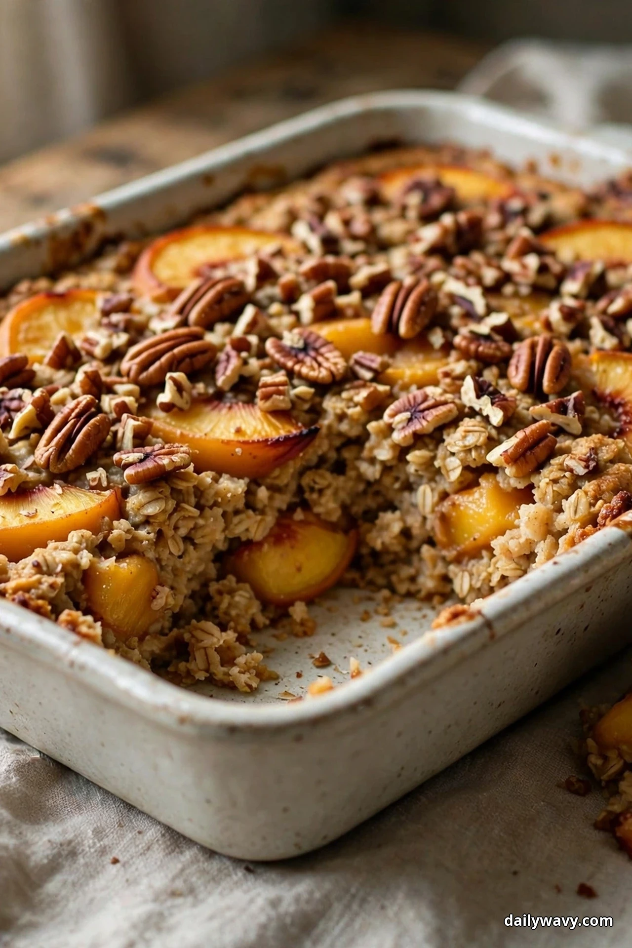 A ceramic baking dish of peach baked oatmeal is covered with pecan halves and chopped pecans over peach slices, with one serving lifted out