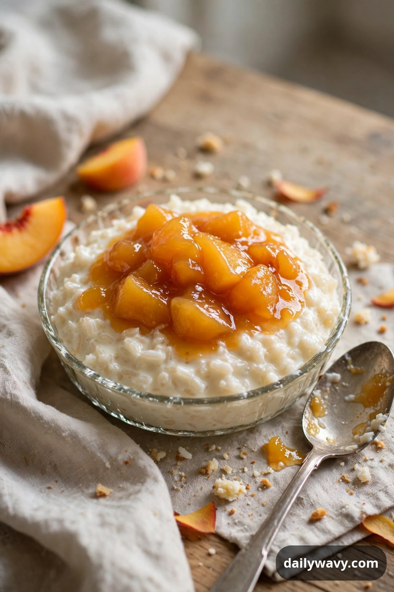 A closer view shows glossy peach compote piled over creamy rice pudding in a small glass dish, with a spoon and fresh peach wedges on the linen beside it.