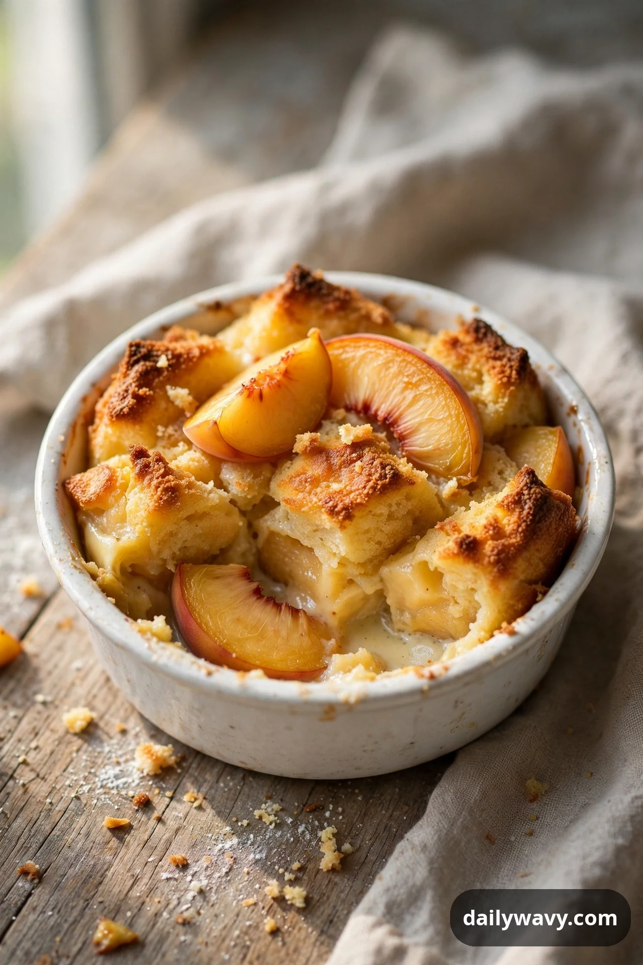 Golden peach bread pudding with toasted bread cubes and baked peach slices fills a small white serving dish resting on a linen cloth.