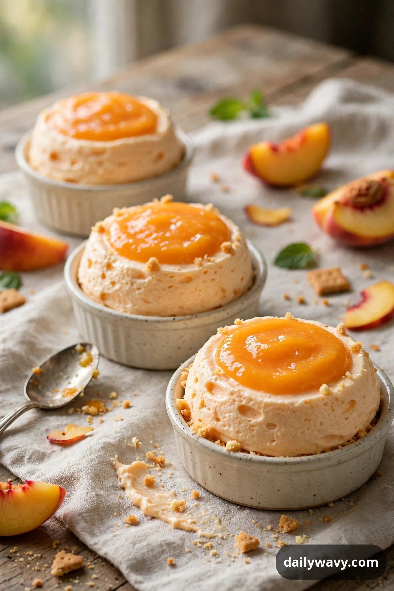 Three ramekins of pale peach mousse are topped with glossy peach puree, with fresh peach wedges scattered on the linen around them.