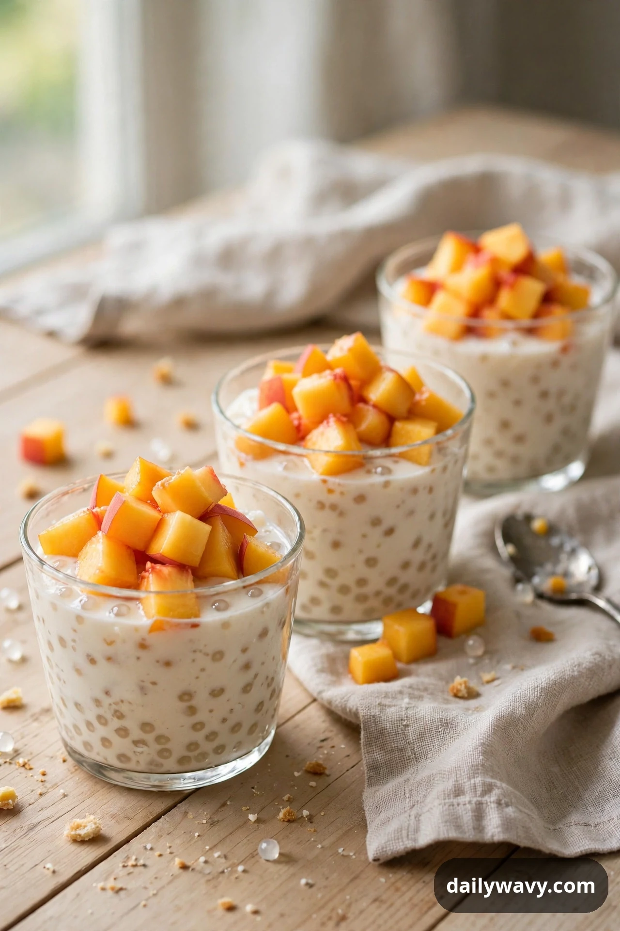 Three glasses of coconut tapioca pudding are each topped with a generous pile of diced fresh peaches.