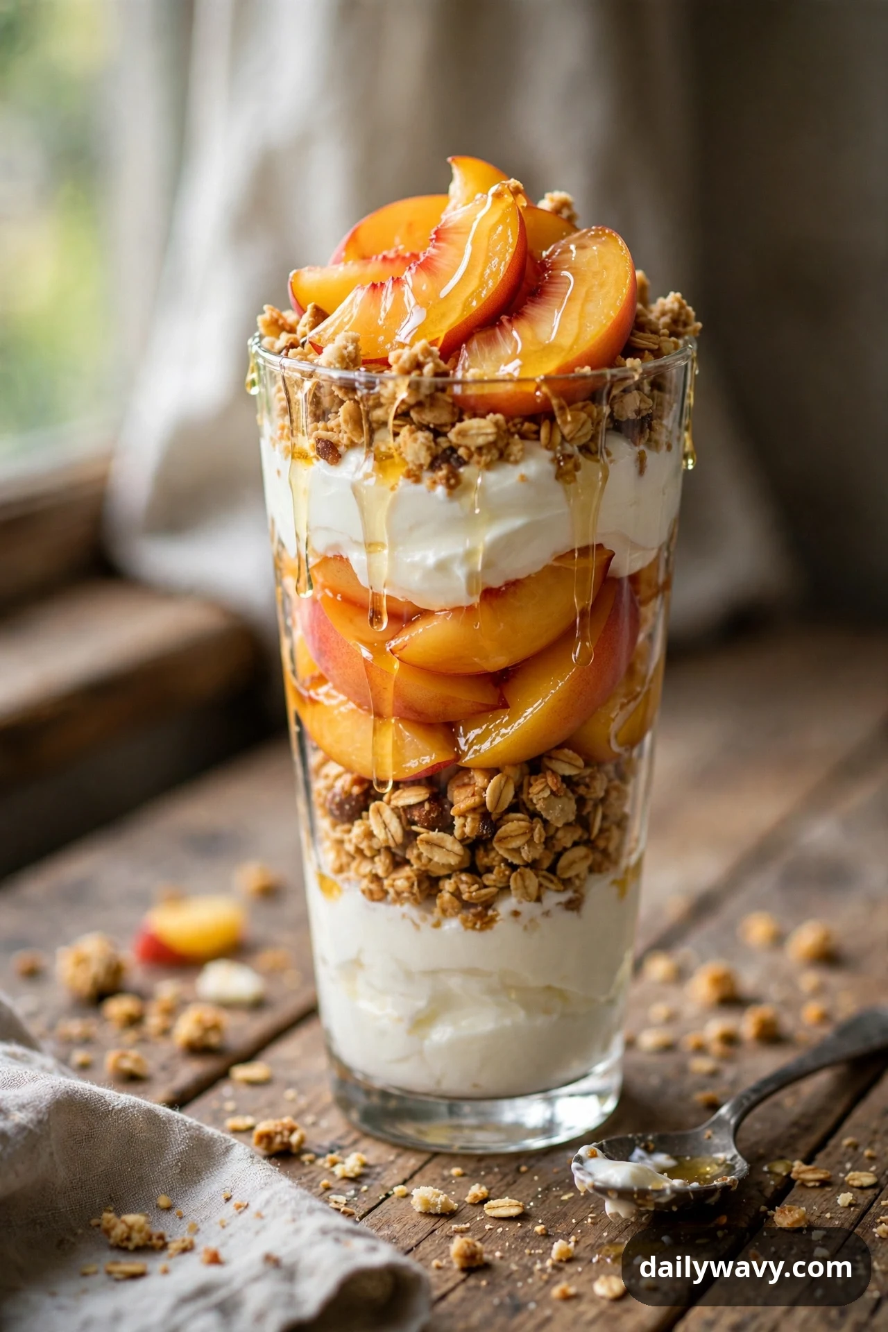 A tall glass layers yogurt, granola, and fresh peach slices, with more peach slices and granola piled on top and a sweet drizzle running down the outside of the glass.