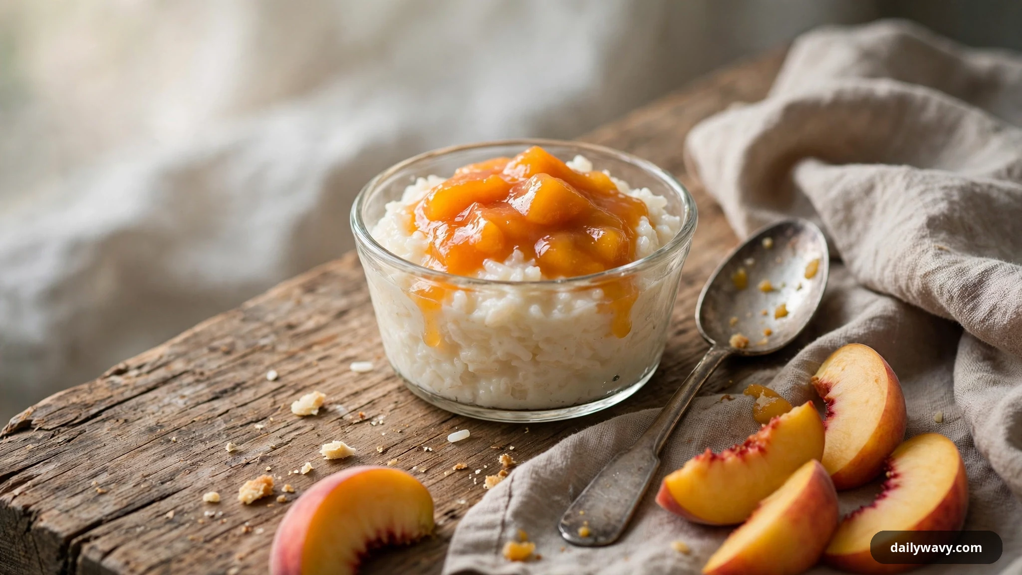 Peach compote is spooned over creamy rice pudding in a small glass dish on a rustic wooden board, with fresh peach wedges and a spoon resting on a linen cloth beside it.