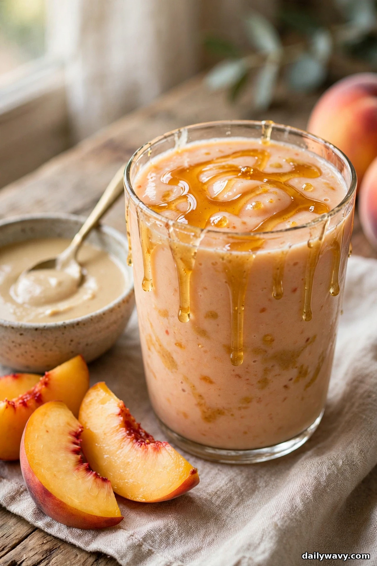 A close view shows a glass of peach smoothie with honey drizzled over the top and dripping down the sides, with fresh peach wedges in front and a small bowl of tahini behind it
