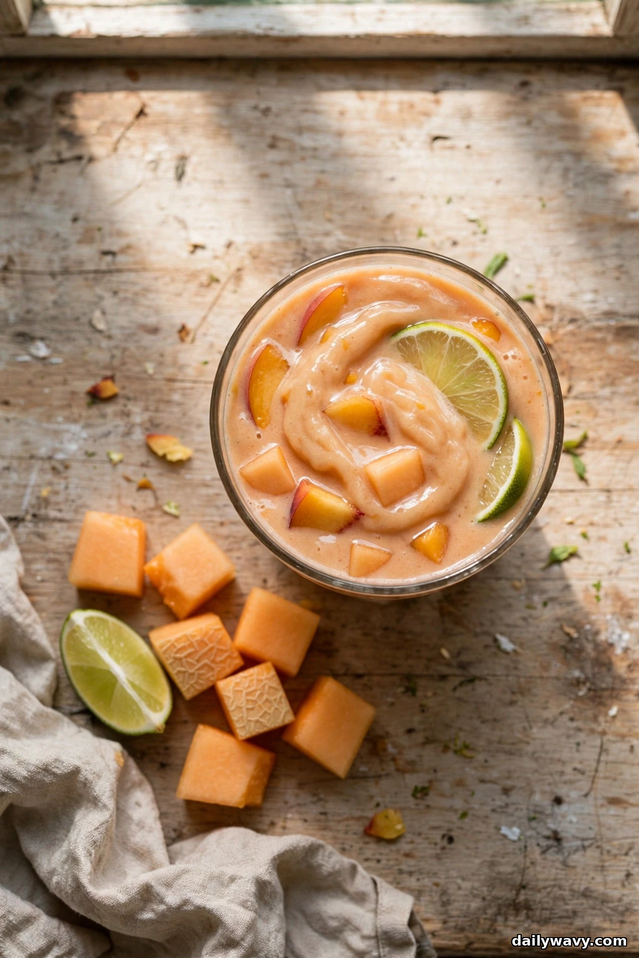 An overhead view shows a glass of peach smoothie topped with peach chunks and lime slices, with cantaloupe cubes and a lime half scattered on a worn wooden table beside it